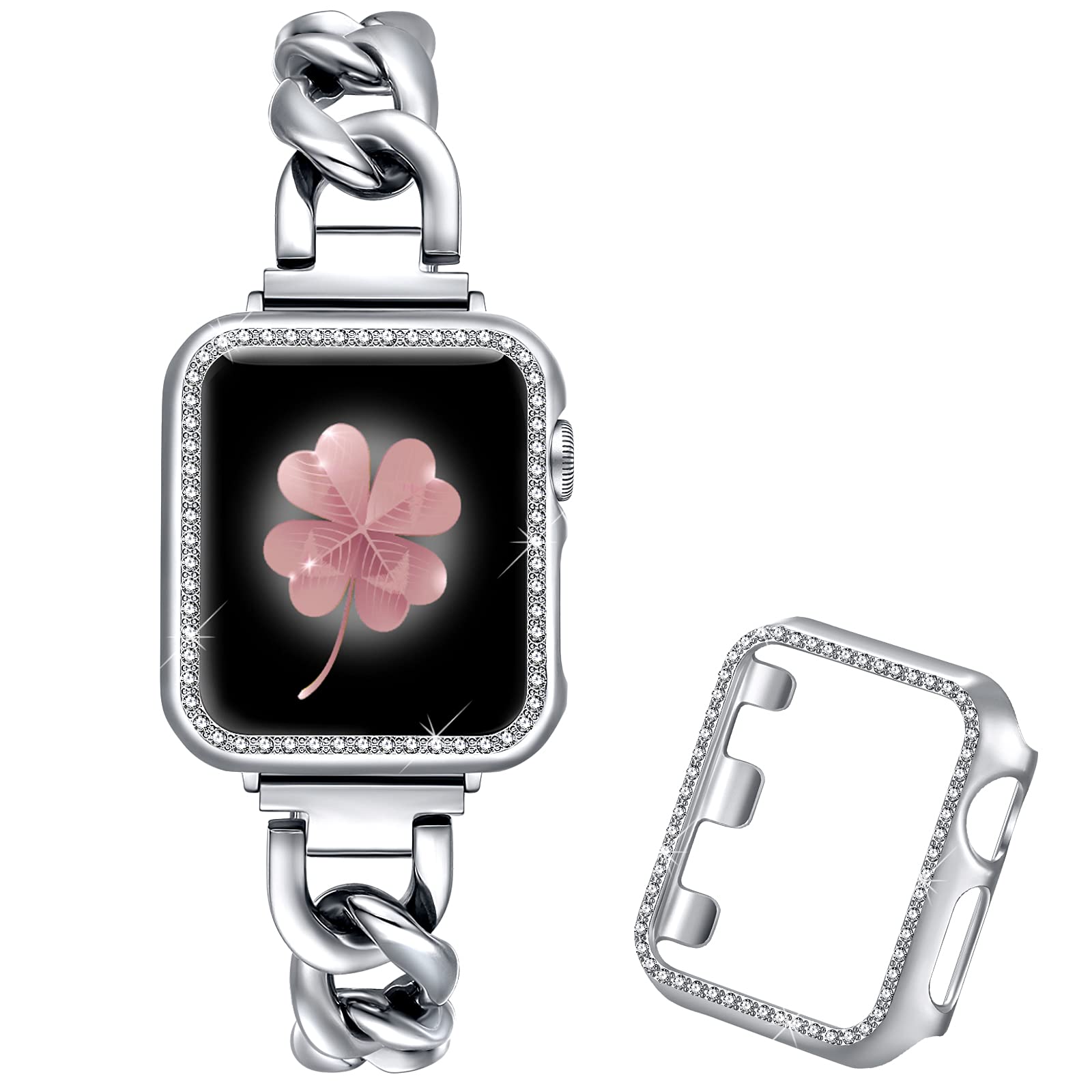 Dilando Cool Chain Metal Silver Band Compatible With Apple Watch 40Mm 38Mm 41Mm Women Men, Stainless Steel Bracelet Bling Case F