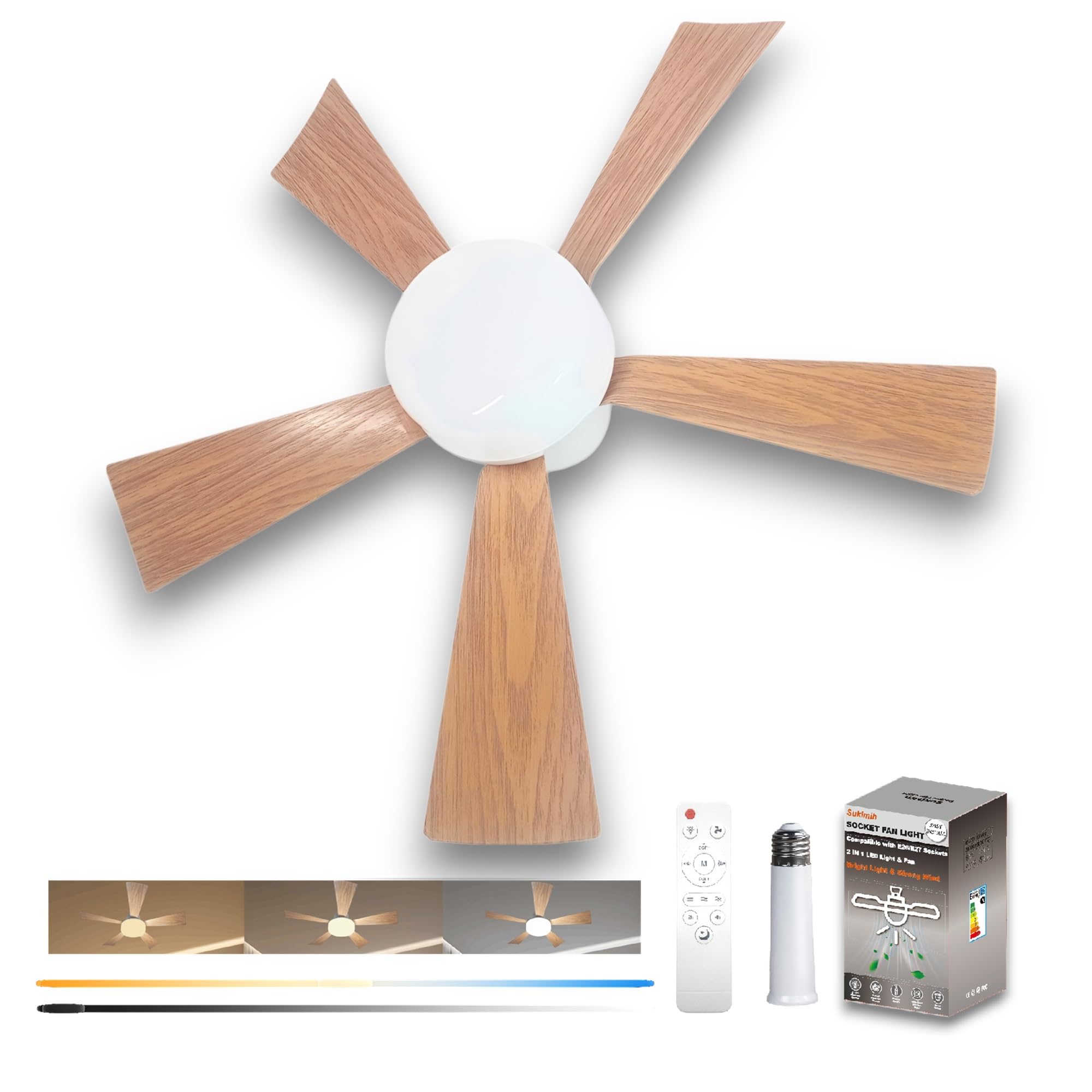 SUKIMIH Socket Fan Light with Remote, 20.5, Small Ceiling Fans with Lights, 3 Colors Dimmable Led Bulb, Easy Install Screw in E2