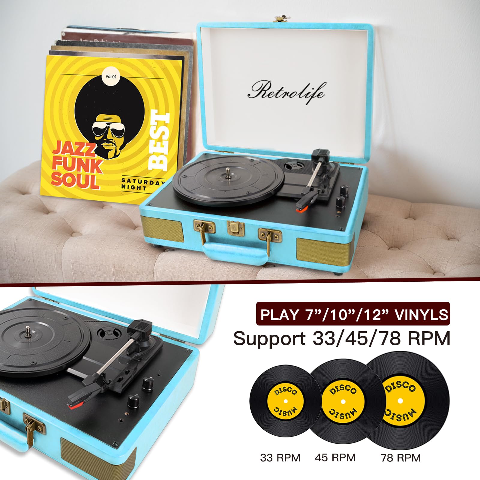 Record Player 3 Speed Bluetooth Portable Suitcase Vinyl Player With Built In Speakers Turntable Enhanced Audio Sound Pu Leather