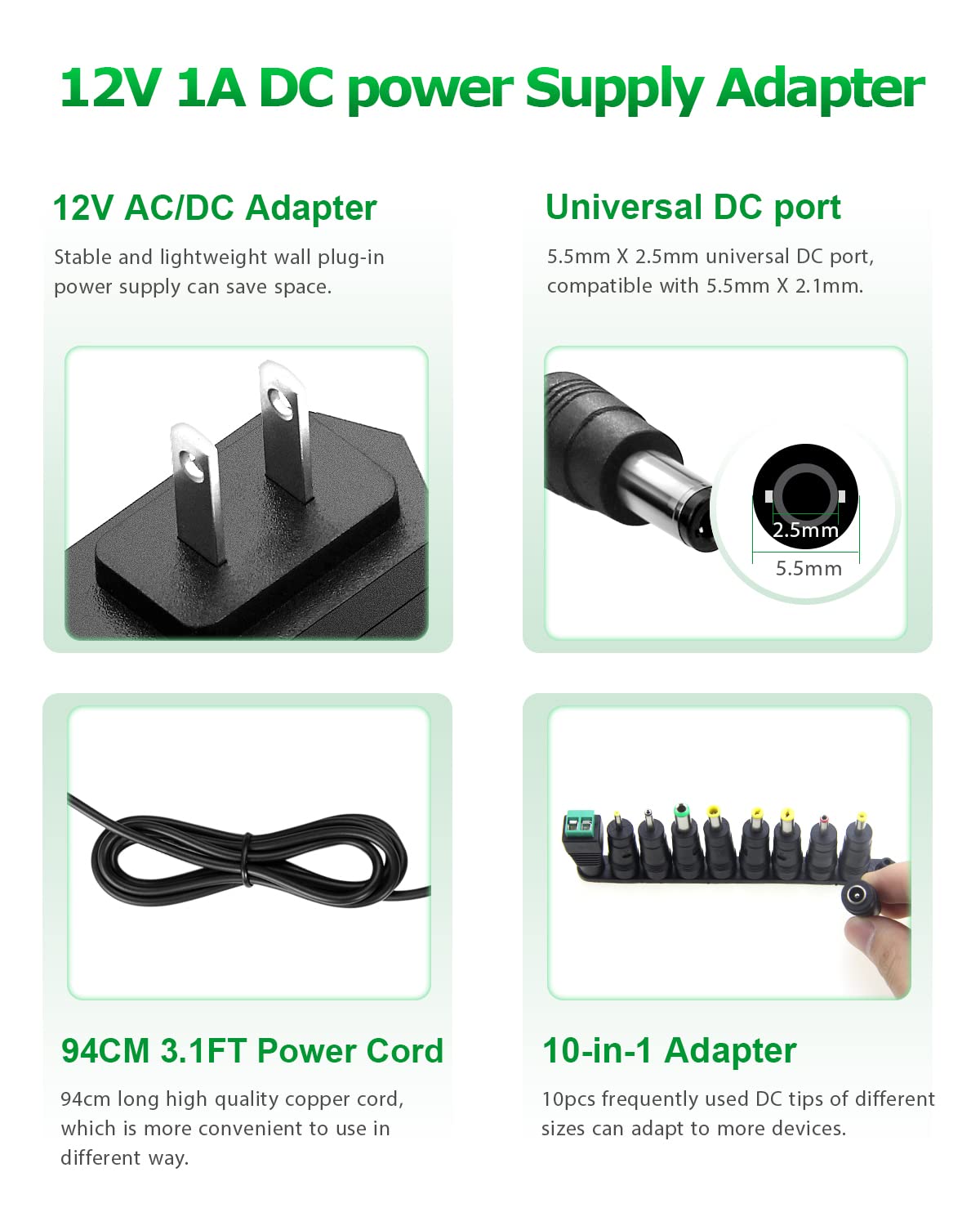 Arkare 12V 1A Ac/Dc Power Supply Adapter 12Volt Replacement Power Cord Wall Charger Ac 100V 240V To Dc 12Volt 1Amp 0.5A Transfor