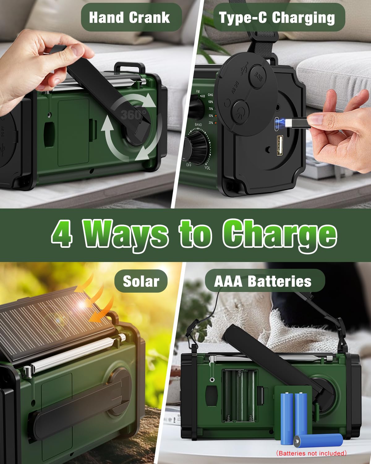 Emergency Radio, Solar Radio, 10000Mah Hand Crank Radio, Noaa Am Fm Weather Radio, 4 Charging Methods, Polymer Battery, Flashlig