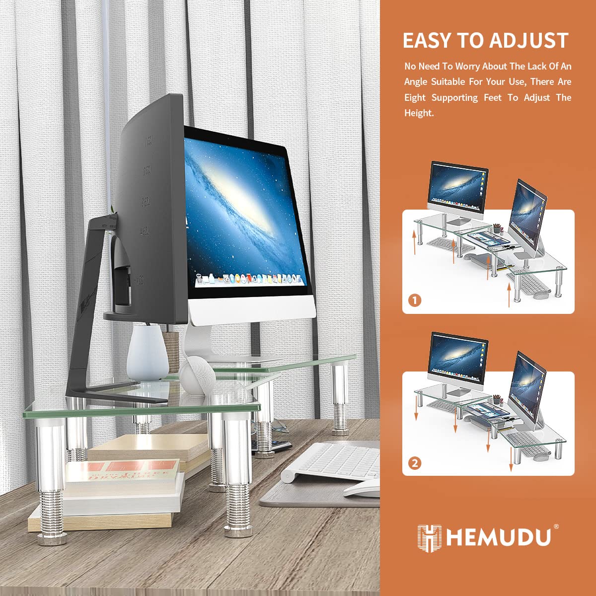 Hemudu Dual Monitor Stand - Adjustable Length & Angle, Stainless Steel Legs, Tempered Glass, Clear, Model HD07T-301, Desktop Organizer
