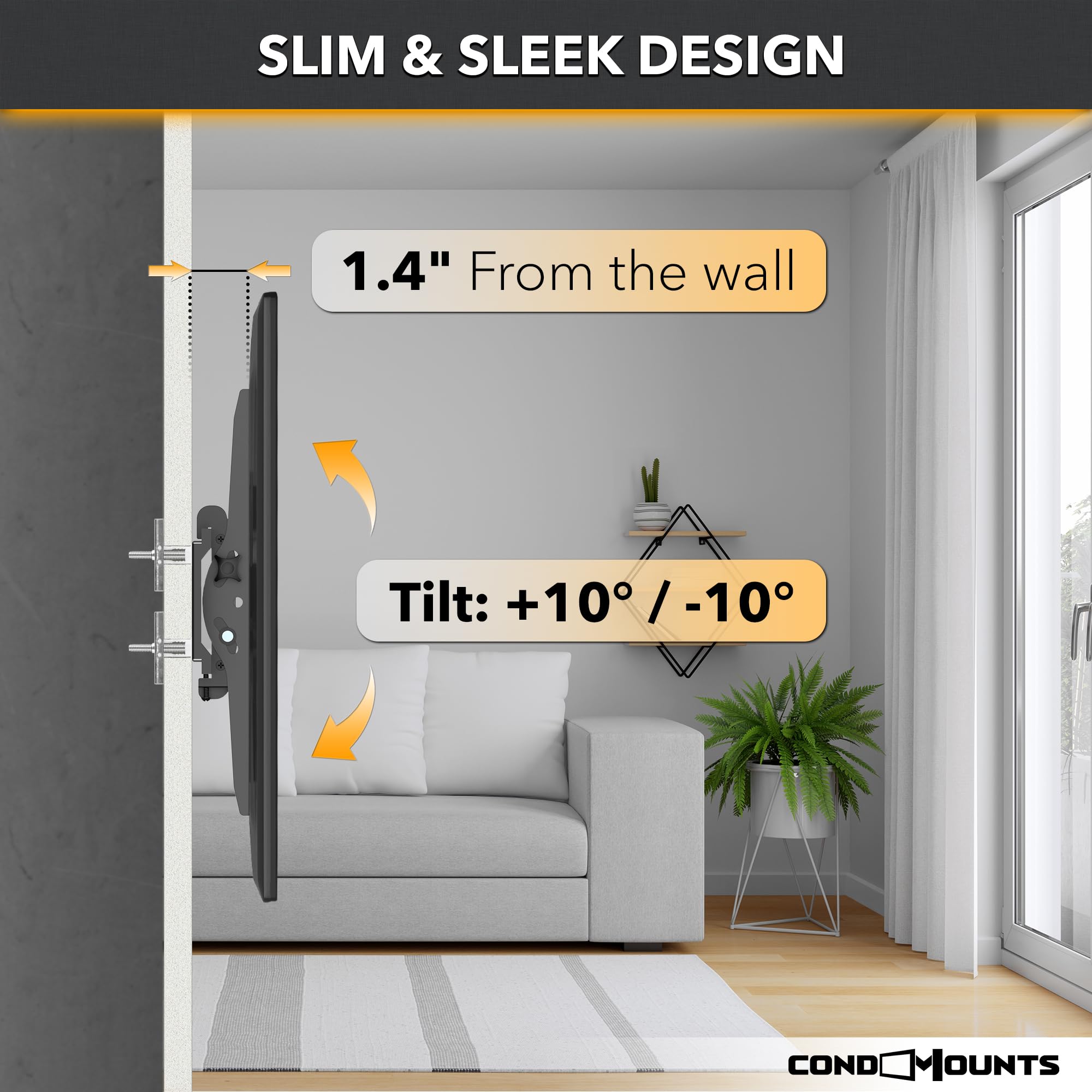 Condomounts Tvt8064 Tilting Tv Wall Mount For Metal Stud Drywall | Tv Mount Metal Studs | Studless Tv Mount | 132Lbs Capacity |