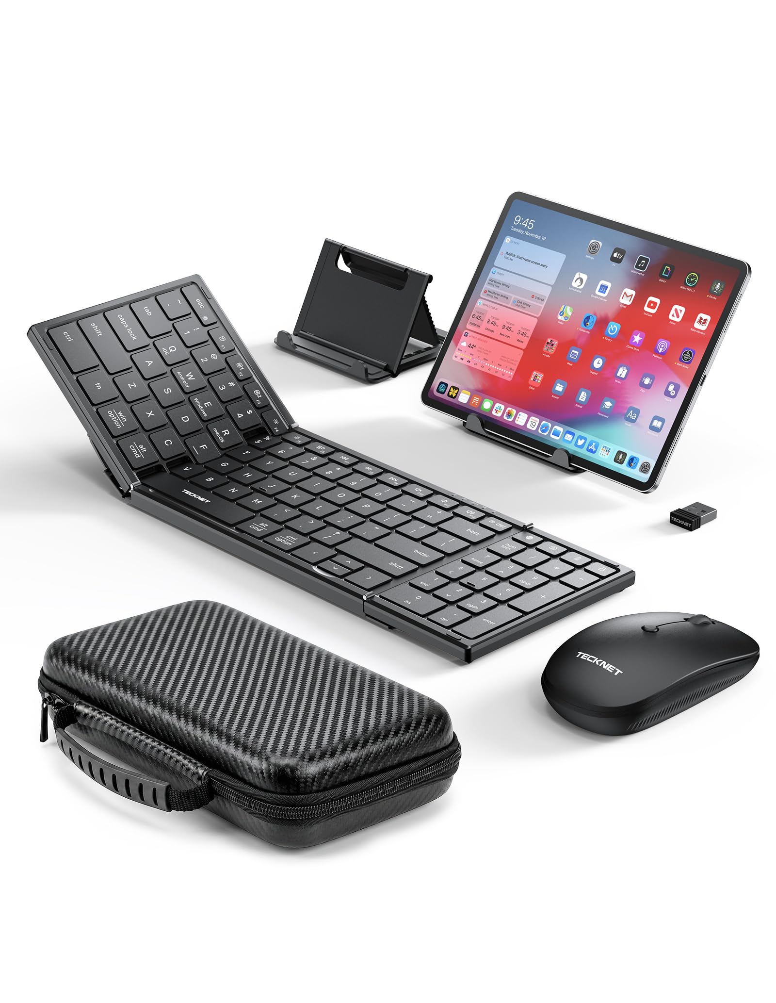 TECKNET Foldable Bluetooth Keyboard and Mouse Combo, Wireless Keyboard Mouse, Rechargeable 2.4G & Dual Bluetooth Travel Keyboard