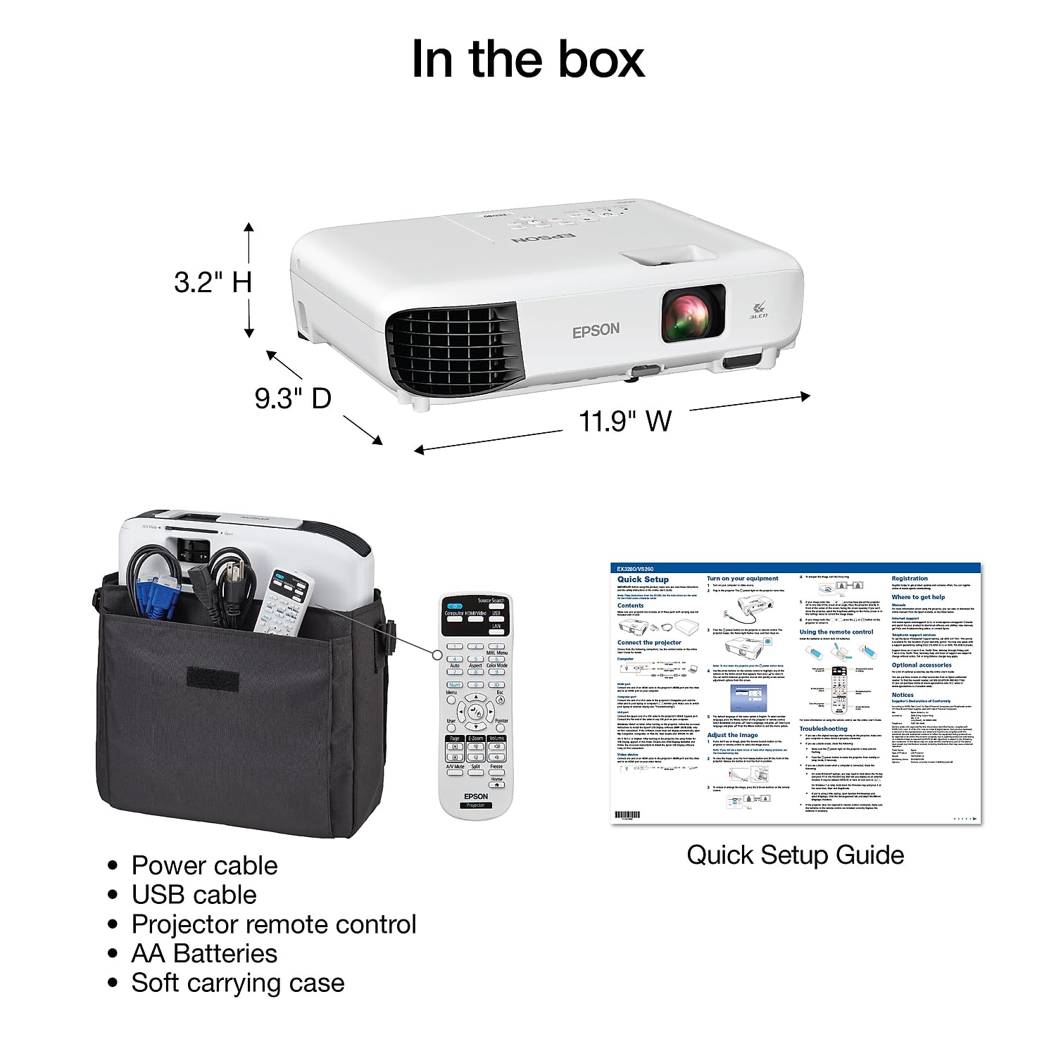 Epson EX3280 3LCD XGA Projector, 3600 Lumens, HDMI, White, 15000:1 Contrast Ratio