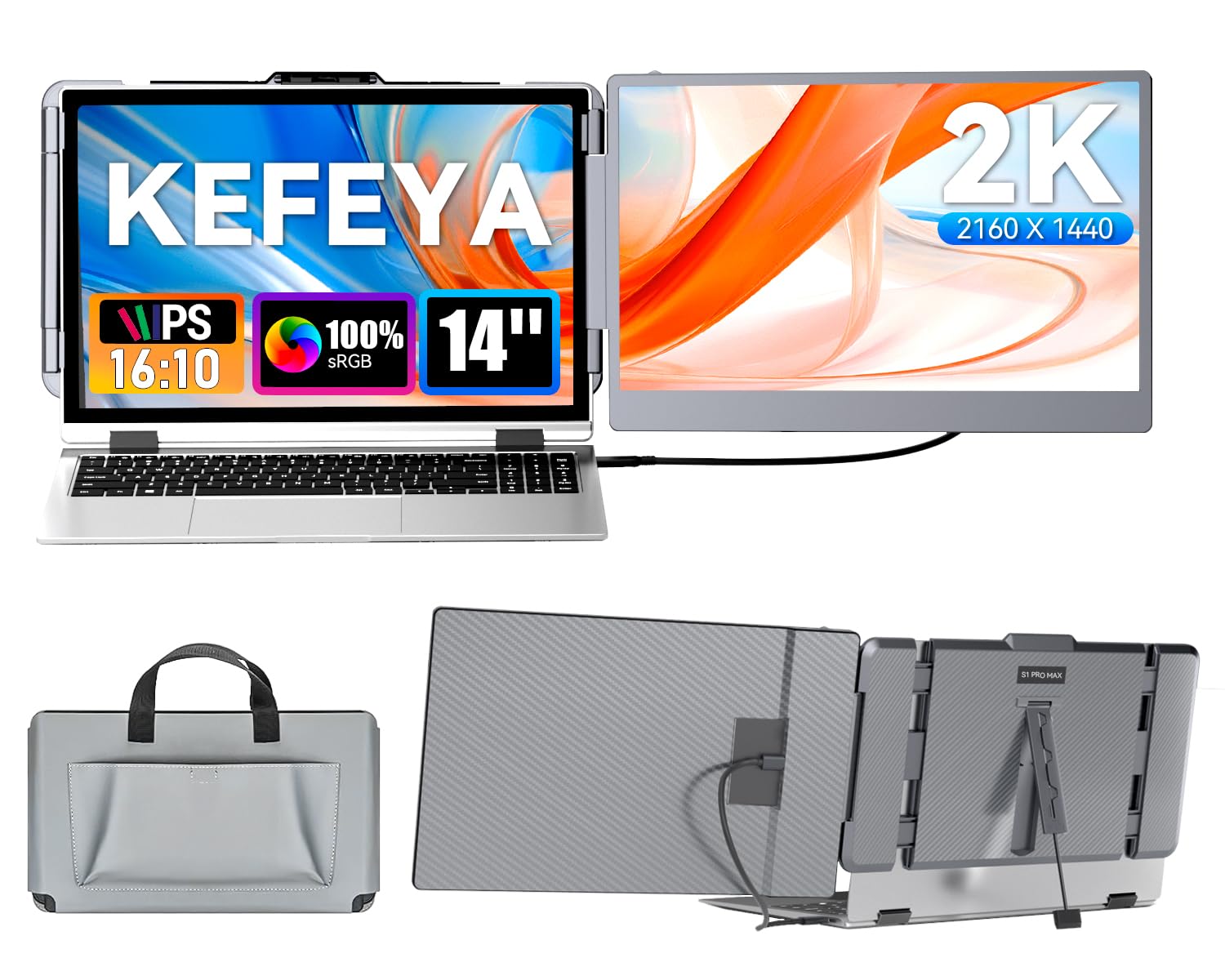 Kefeya Laptop Screen Extender 2K, 2160X1440 Qhd Laptop Monitor Extender Dual Screen, 14    Portable Monitor For Laptops 13-17'' 
