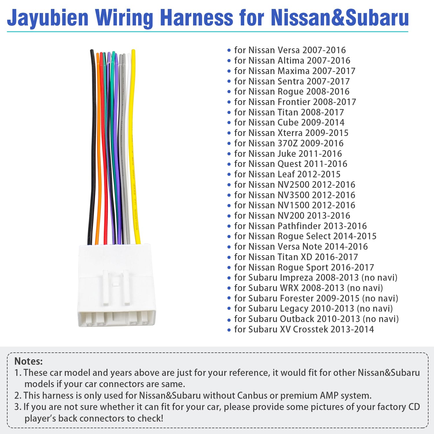 Jayubien 20Pin Radio Wire Harness For Nissan Stereo Adapter Compatible With Altima Frontier Xterra Pathfinder Rogue Subaru Stere