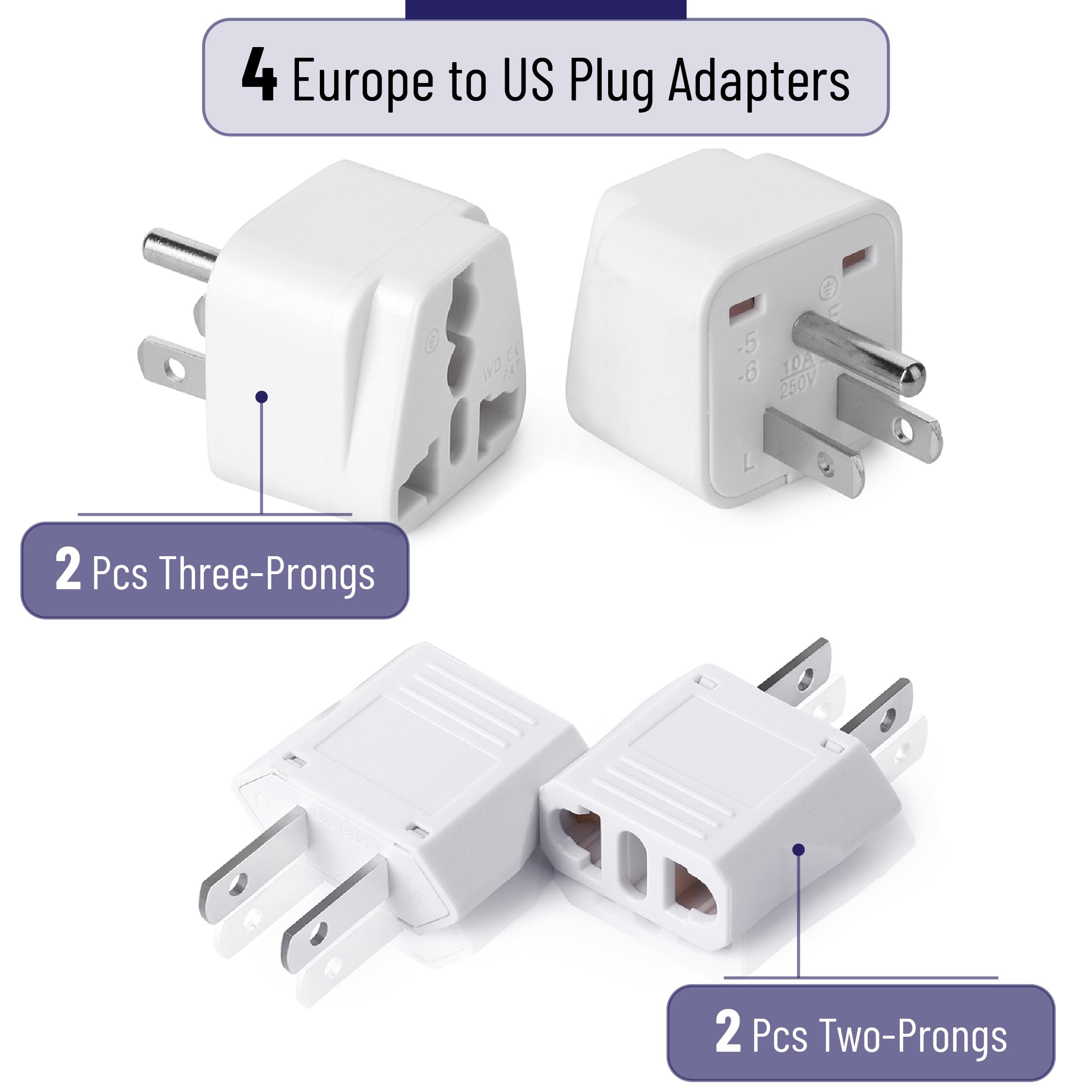 Bates  Europe To Us Plug Adapter, 4 Pack, European To Us Plug Adapter, Adapter Europe To Usa