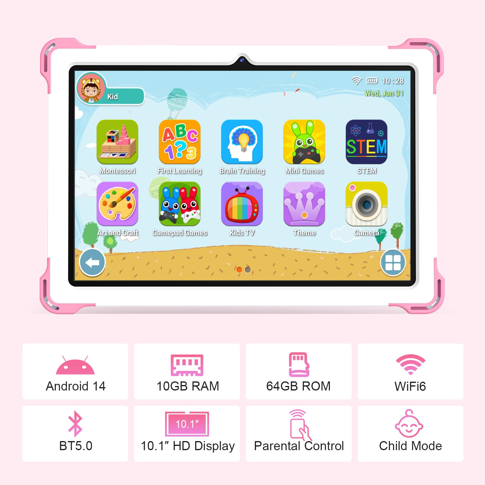 Yatiom Kids Tablet 10 Inch Android 14 Tablet For Kids Octa Core 10+64Gb Gms Certified Learning Tablet With Wifi 6, Bluetooth 5.2