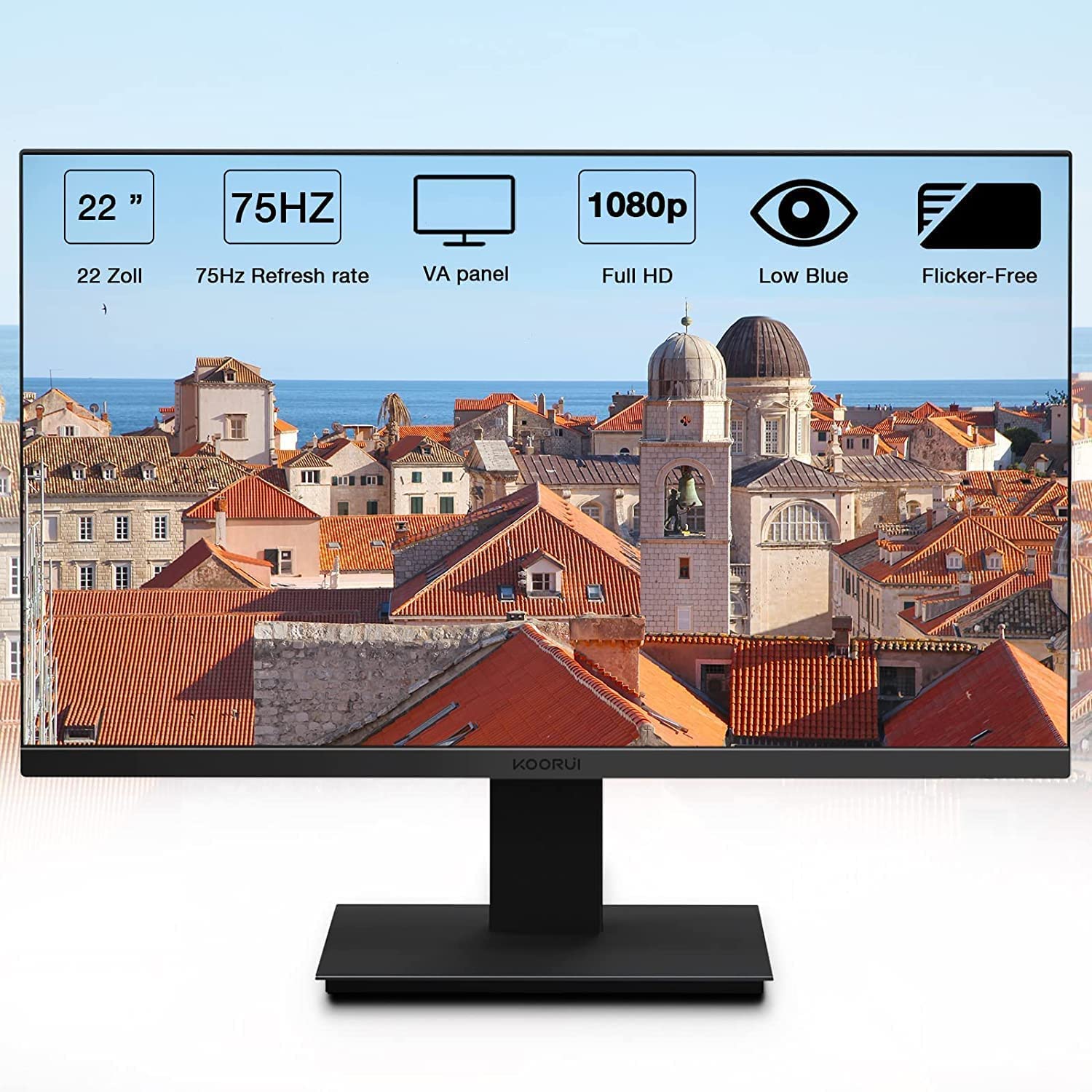Koorui 22 Inch Computer Monitor Full Hd 1080P 100Hz Pc Gaming Screen Va Panel Ultra Slim Display 3000:1 Contrast Ratio With Adpitive Sync (Hdmi/Vga/Vesa Compatible 100X100Mm/Audio Out), Tilt, Black