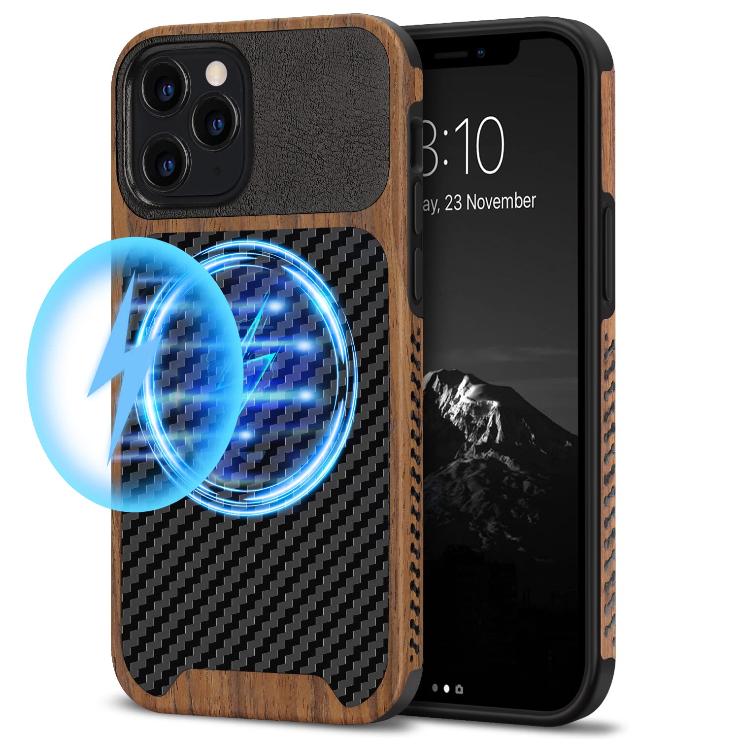 TENDLIN Magnetic Case Compatible with iPhone 12 Pro/iPhone 12 Wood Grain with Carbon Fiber Texture Design Leather Hybrid Slim Ca