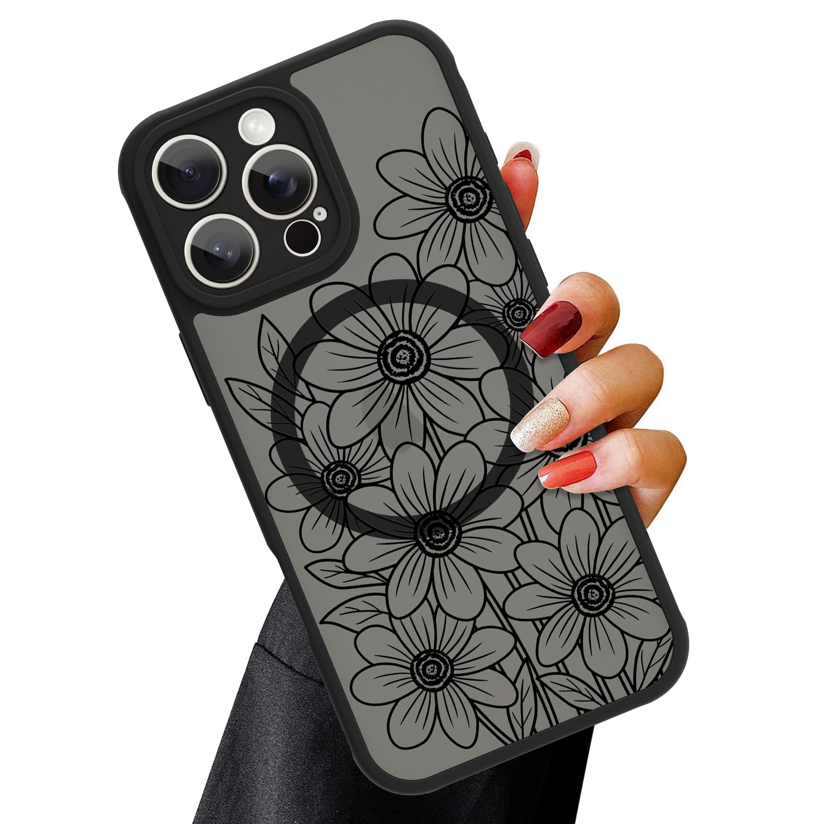 Ook Magnetic For Iphone 16 Pro Case Black Flower Sunflower Pattern [Compatible With Magsafe] Slim Translucent Matte Camera Lens