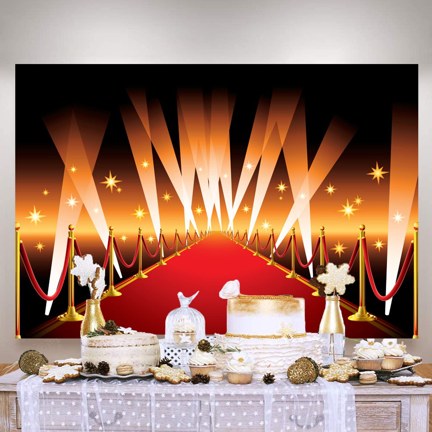 Csfoto 8X6.5Ft Red Carpet Backdrop For Photoshoot Movie Theater Movie Night Theme Birthday Party Decorative Background Banner Vi