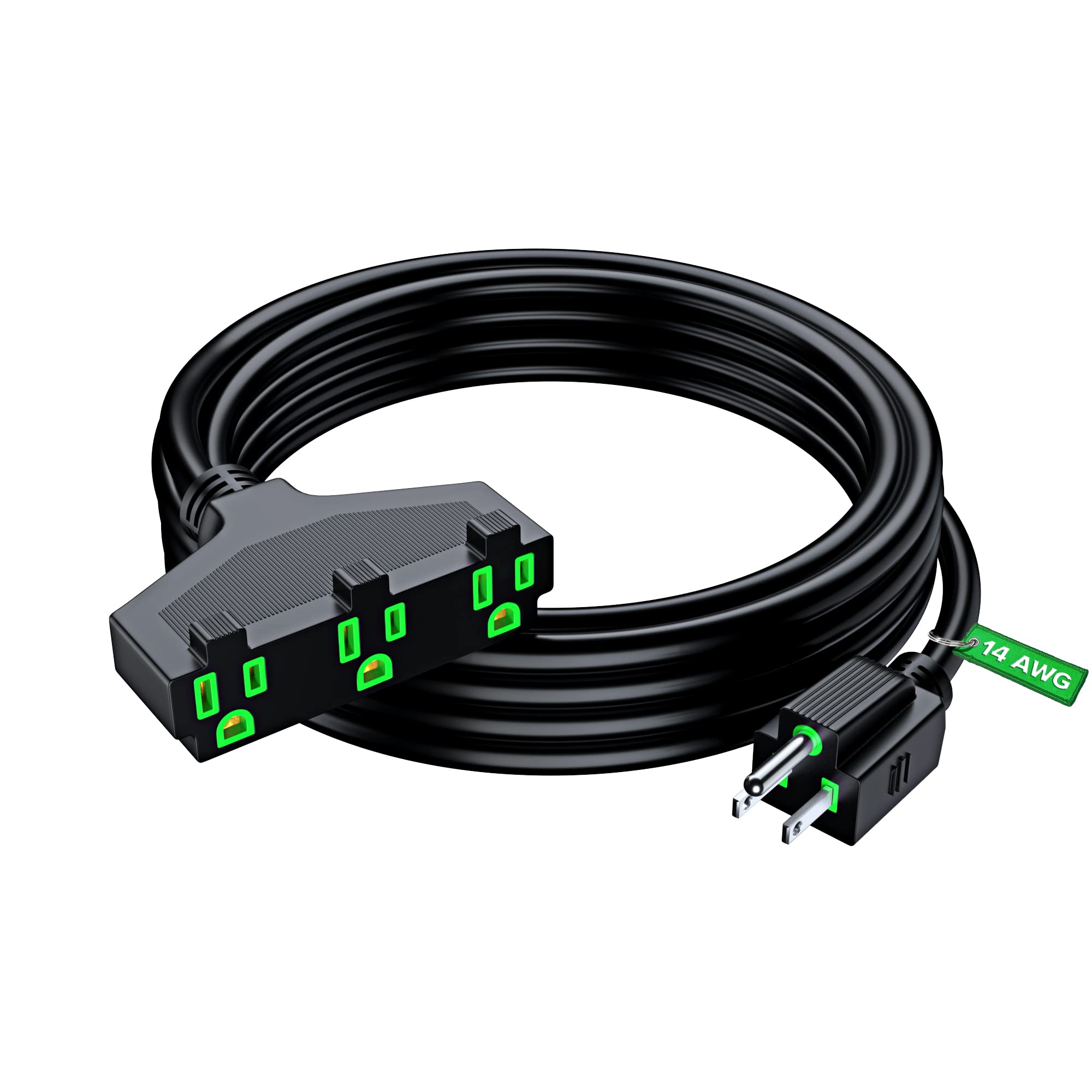 Extension Cord 15 Feet, Sjtw Extension Cord With Multiple Outlets, 14 Gauge (Black) Etl Listed