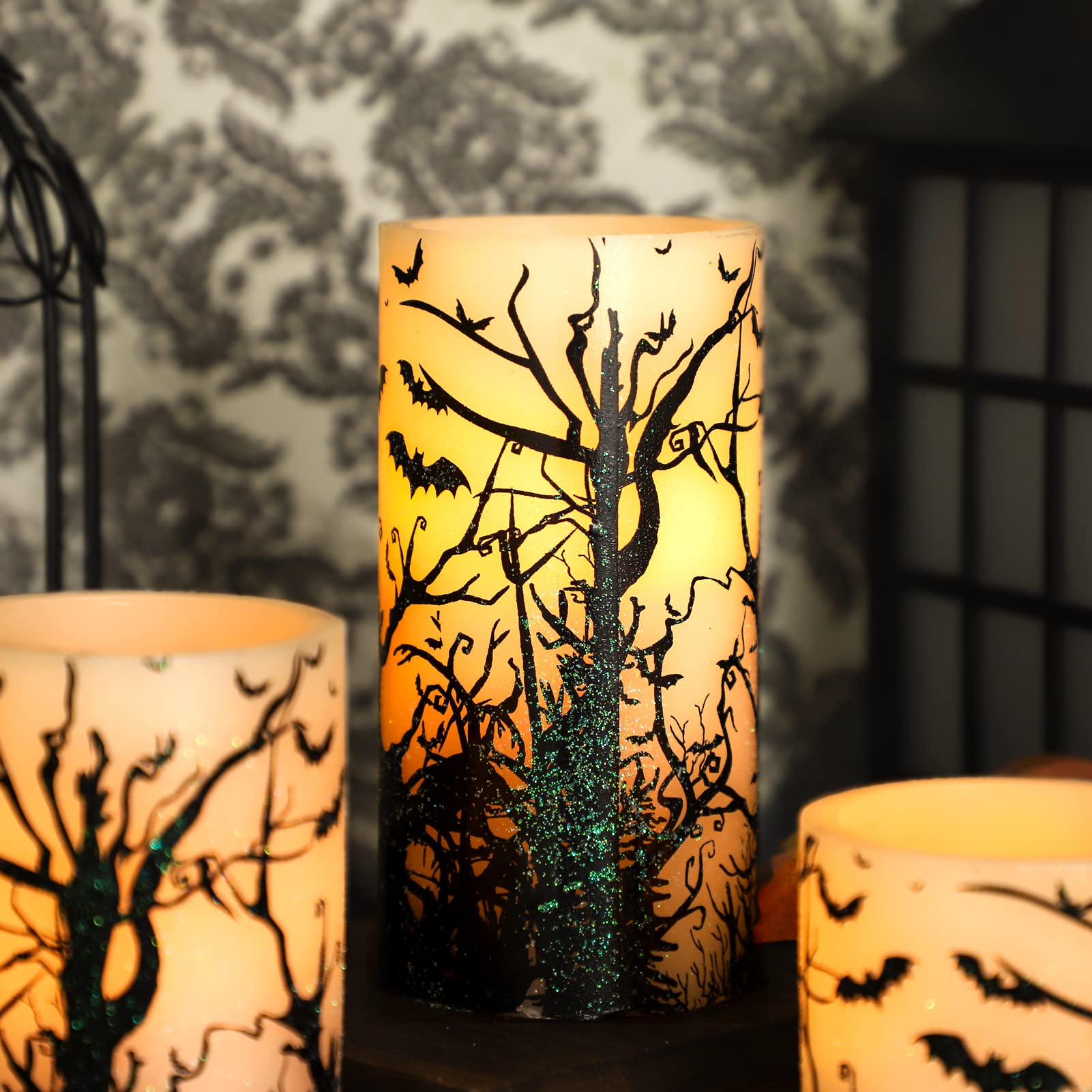 Flavcharm Halloween Decor Flameless Candles Set Of 3 Black Spooky Bats Decal Flickering Candles Battery Operated With Remote Rea