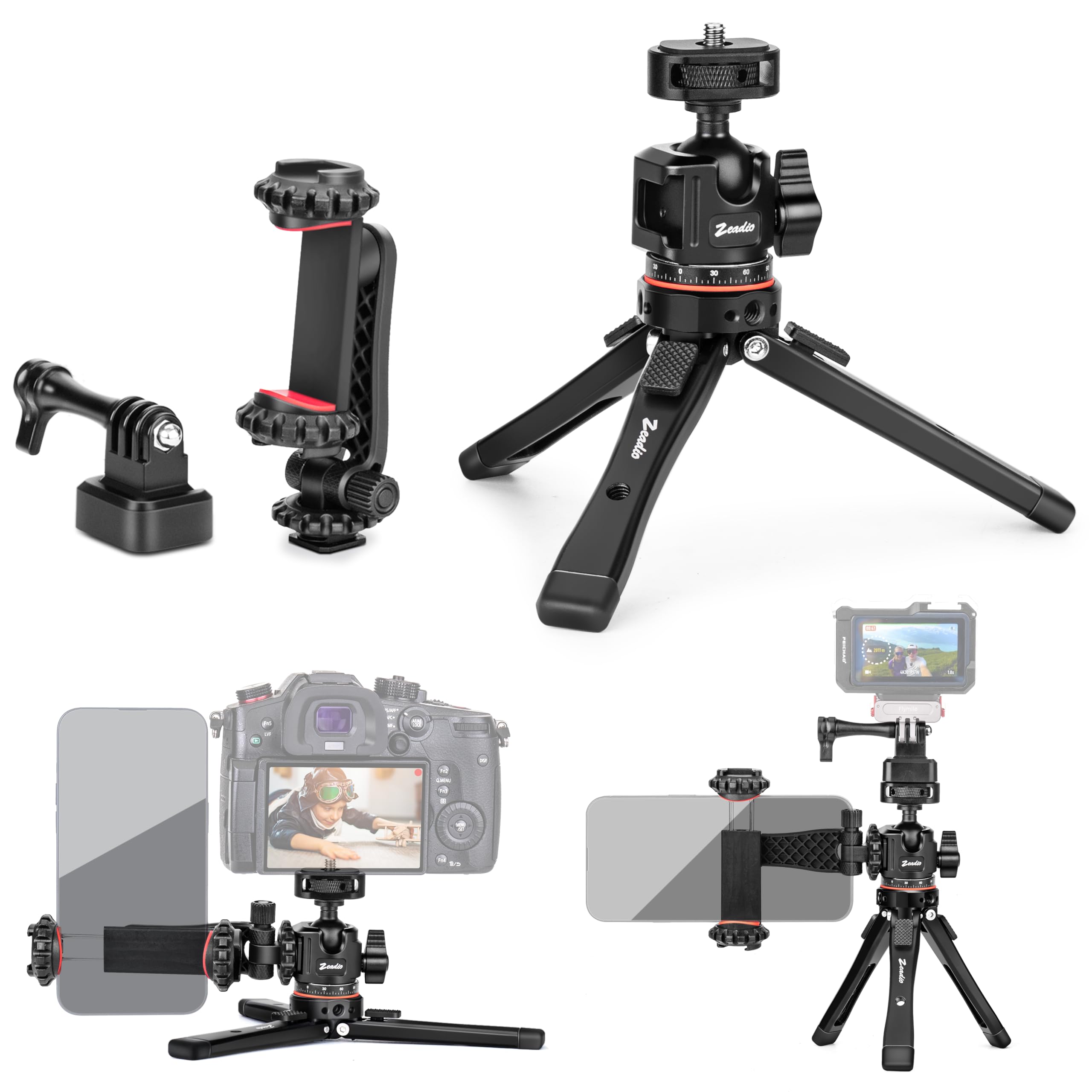 Zeadio Metal Camera Mini Tripod, with 1/4 Screw Ball Head Mount, Adjustable Heights Desktop Vlog Stand for Smooth 4 Osmo Mobile 