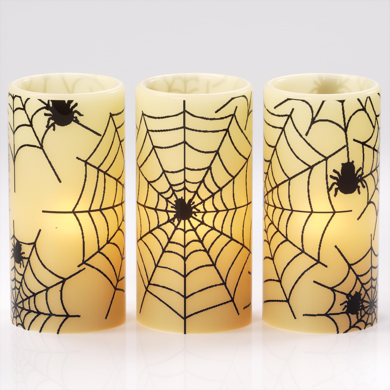 Eldnacele Halloween Flameless Candles With Timer,Battery Operated Spider Cobweb Decal Flickering Candles Real Wax Led Pillar Can