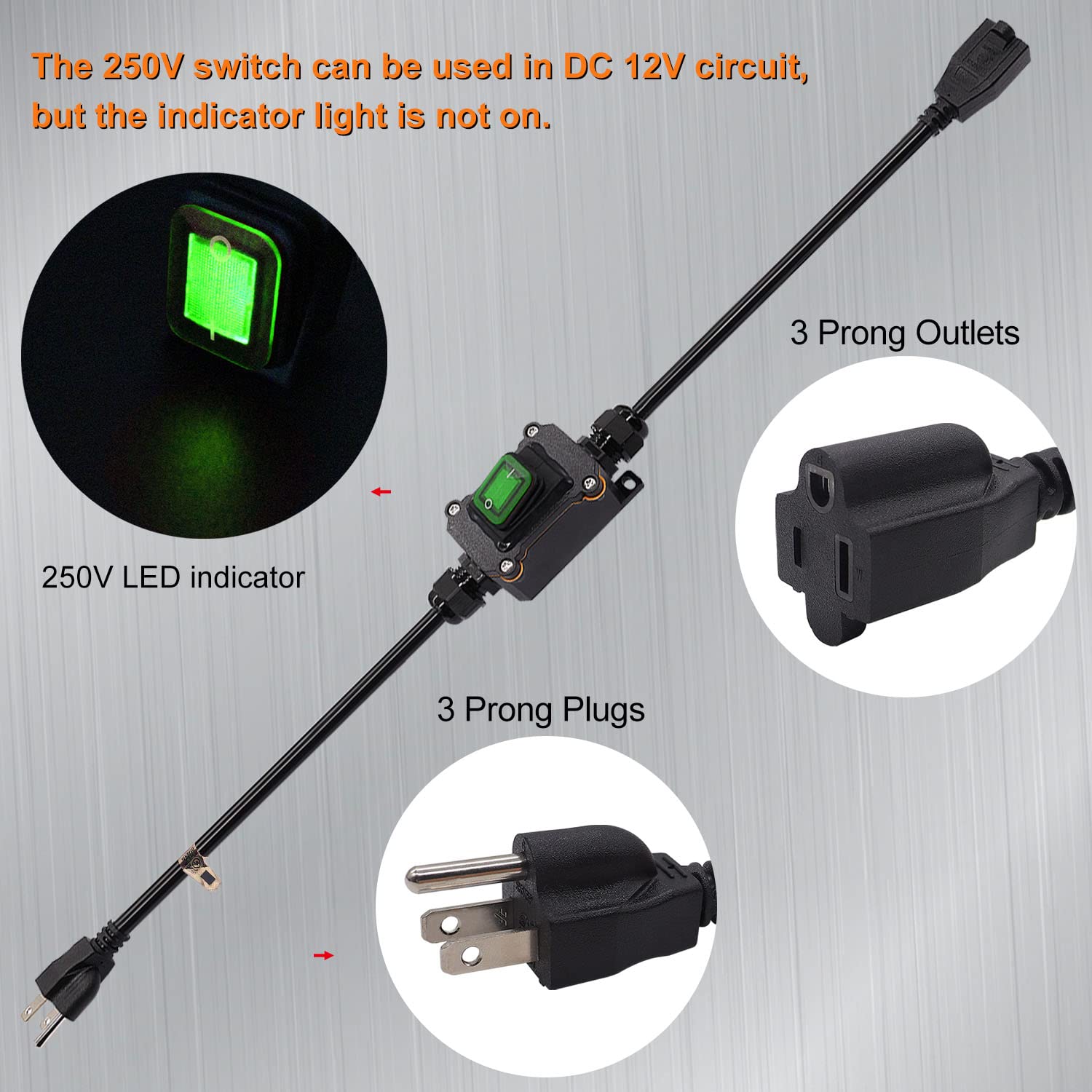 Weideer Extension Cord With Inline Switch On/Off Ip67 Waterproof 20A 250V 16Awg 2Ft 3Pin Outlets Plugs Power Cord Green Led Rock