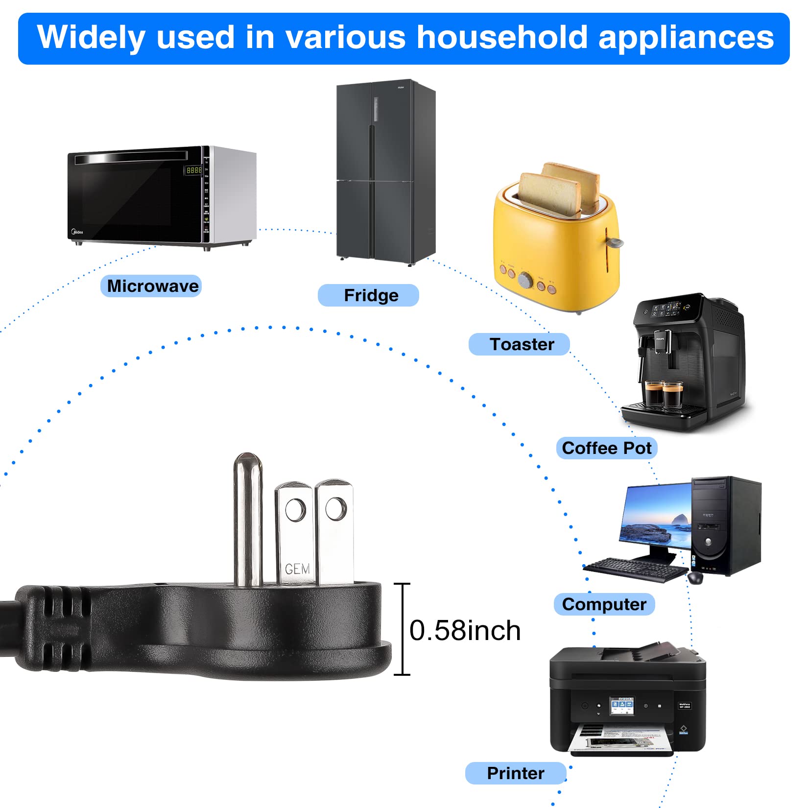 Vseer 1Feet 1875W 15A 14Awg Flat Plug Heavy Duty Extension Cord Outlet Saver 3 Prong Grounded Short Power Extension Cord Black,U