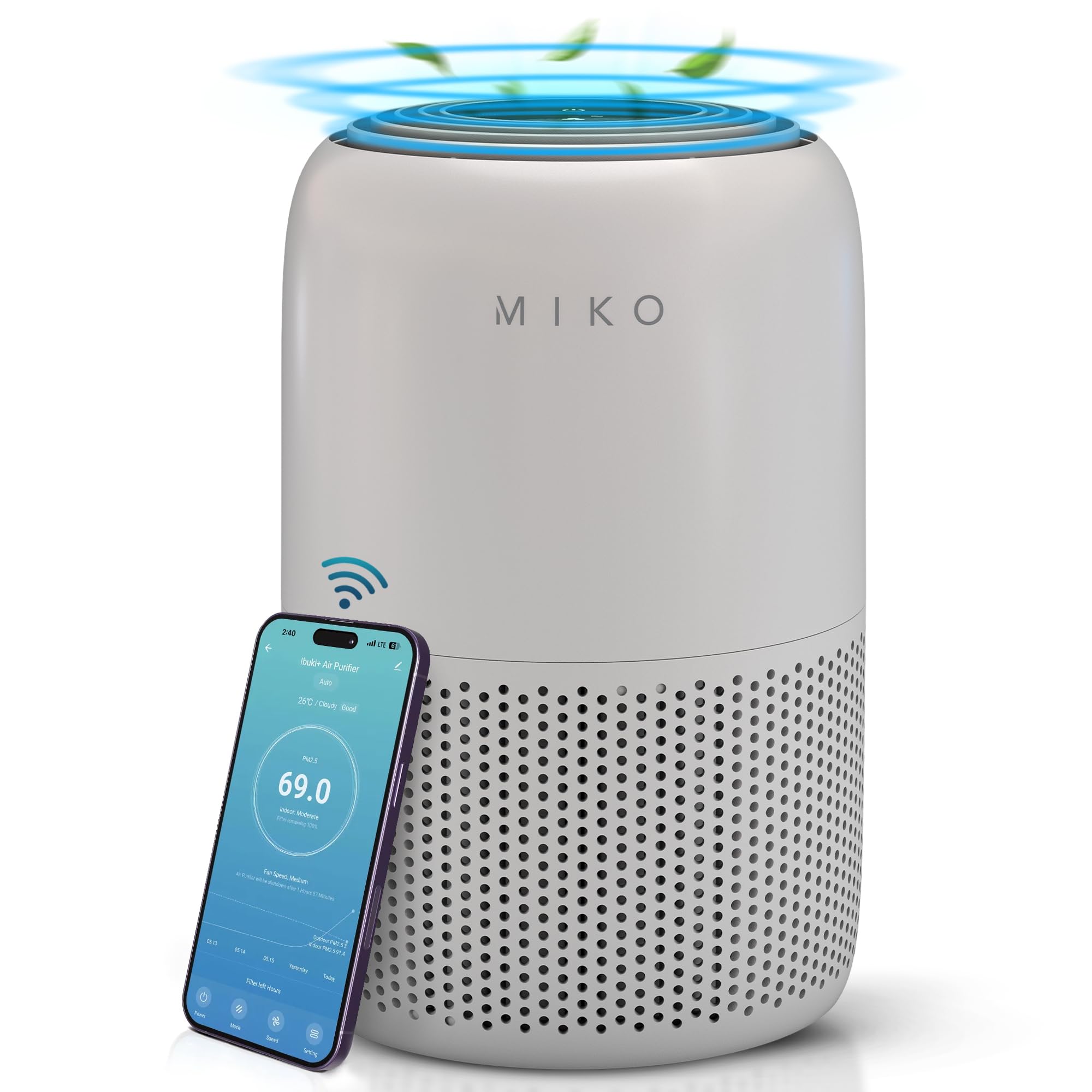 Miko Air Purifier For Home Allergies Pets Hair In Bedroom, Covers Up To 1200 Ft, Smart Wifi With 3 In 1 Filter With Hepa Sleep M
