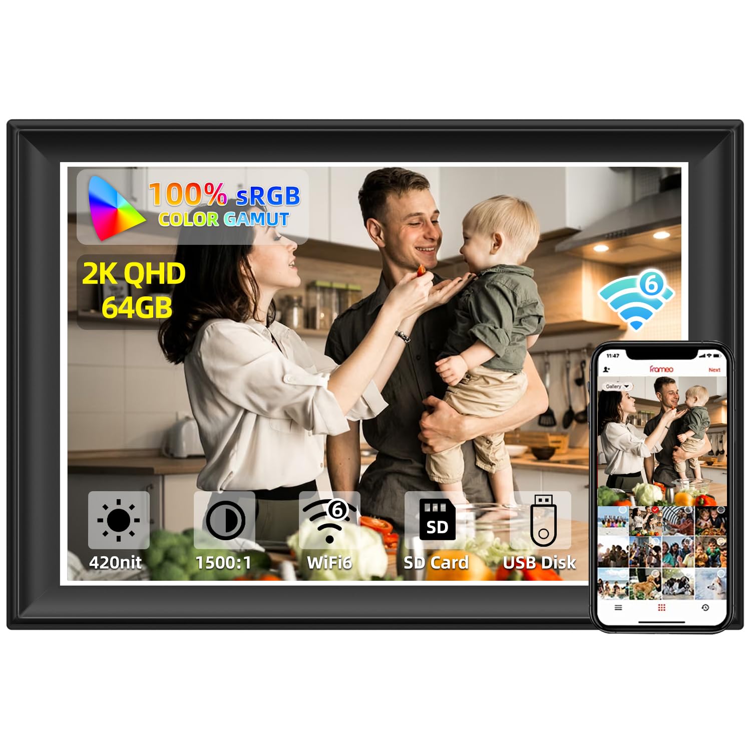 2K 64Gb 11Inch Digital Picture Frame Wifi6&5G Digital Photo Frame 1920X1280 Fhd Ips Touch Screen 100% Srgb,Share Photos & Videos
