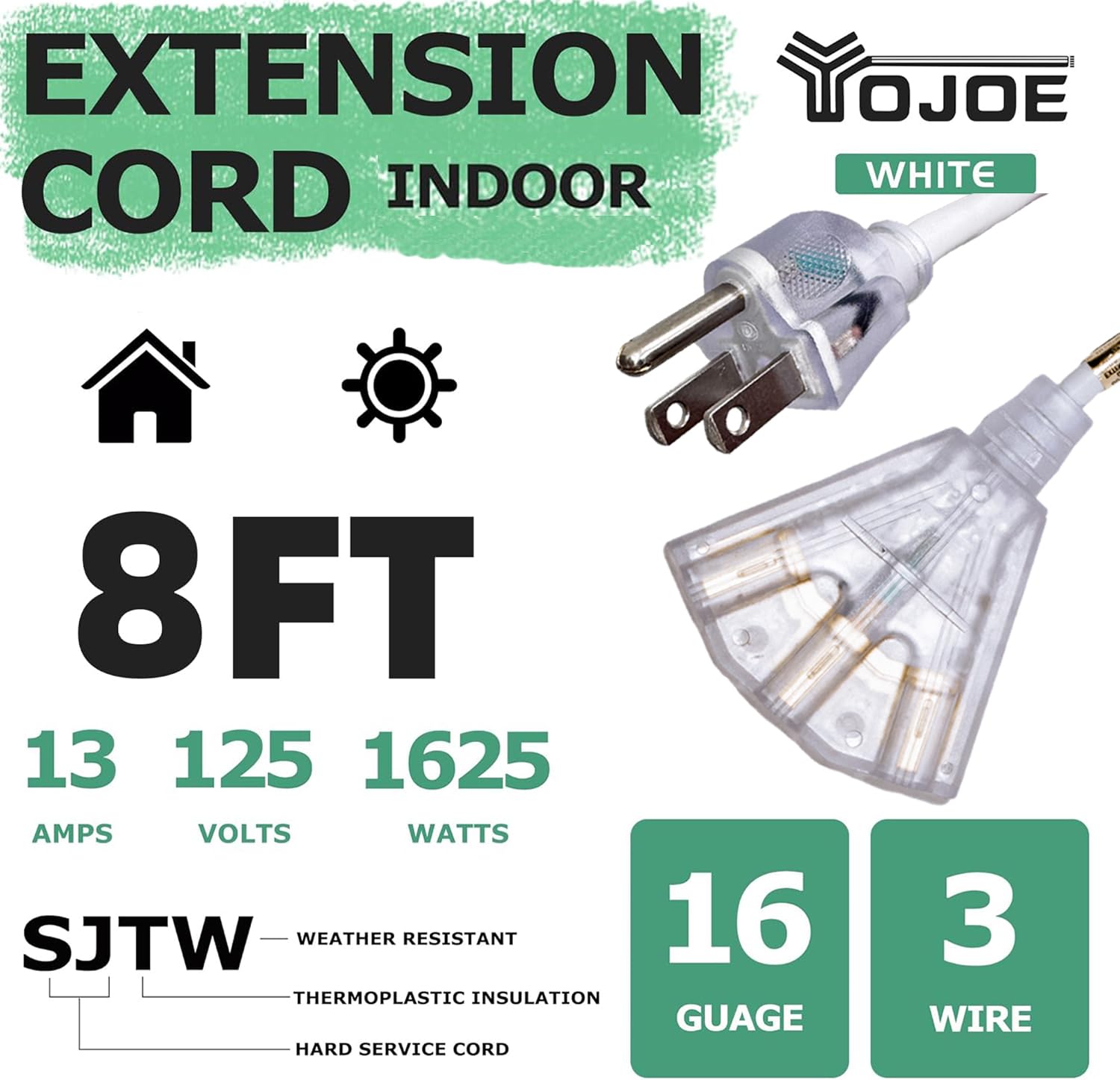 Yojoe 3 Outlets Indoor Outdoor Extension Cord With Lighted End, 3 Prong 13A Weatherproof Power Cord, 16 Gauge Heavy Duty 8 Ft Wh