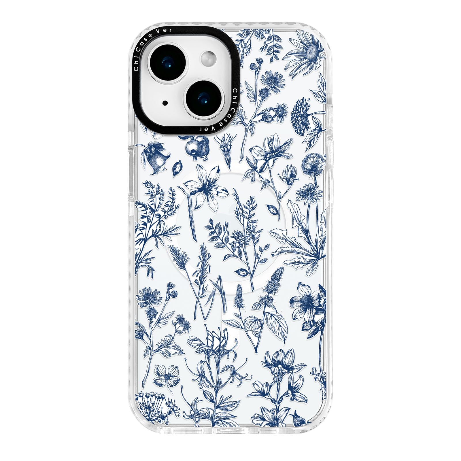 ChiCaseVer for iPhone 13 & iPhone 14 Case, Blue White Toile Floral Botanical Pattern, Wildflower Slim TPU Compatible with MagSaf