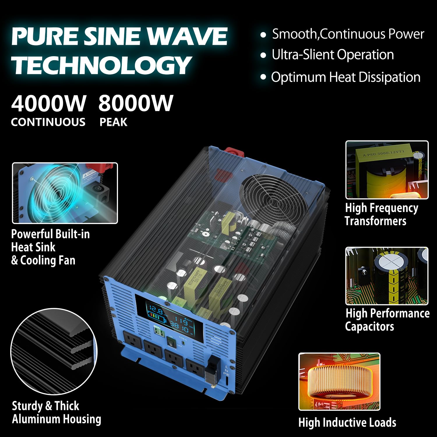4000W Pure Sine Wave Power Inverters Dc 12V To Ac 110V 120V With Type-C 4 Ac Outlets Dual Usb Ports Terminal Blocks Lcd Display