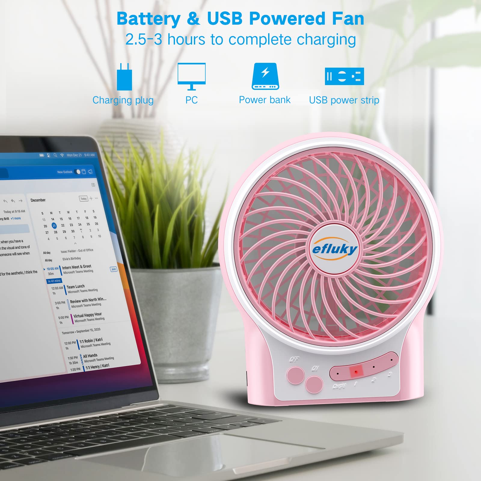 Efluky 3 Speeds Mini Desk Fan, Rechargeable Battery Operated Fan With Led Light, Portable Usb Fan Quiet For Home, Office, Travel
