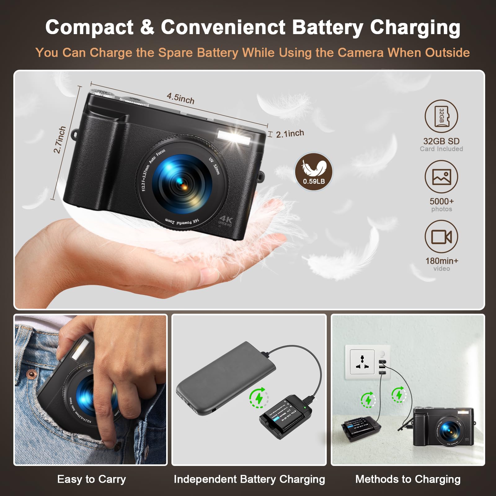 4K Digital Camera For Photography, 48Mp Auto Focus Vlogging Camera For Youtube, 16X Digital Zoom Compact Camera With 3'' 180 Fli