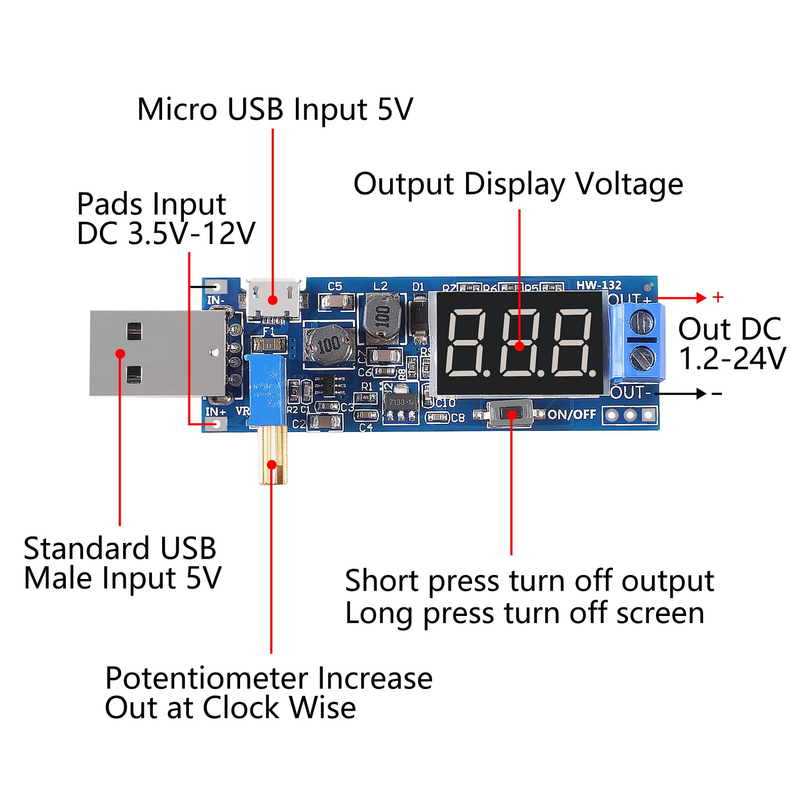 2Pcs Usb Step Up/Down Power Supply Module, Adjustable Dc Dc 5V To 3.5V / 12V Boost Buck Converter Out Dc 1.2V 24V
