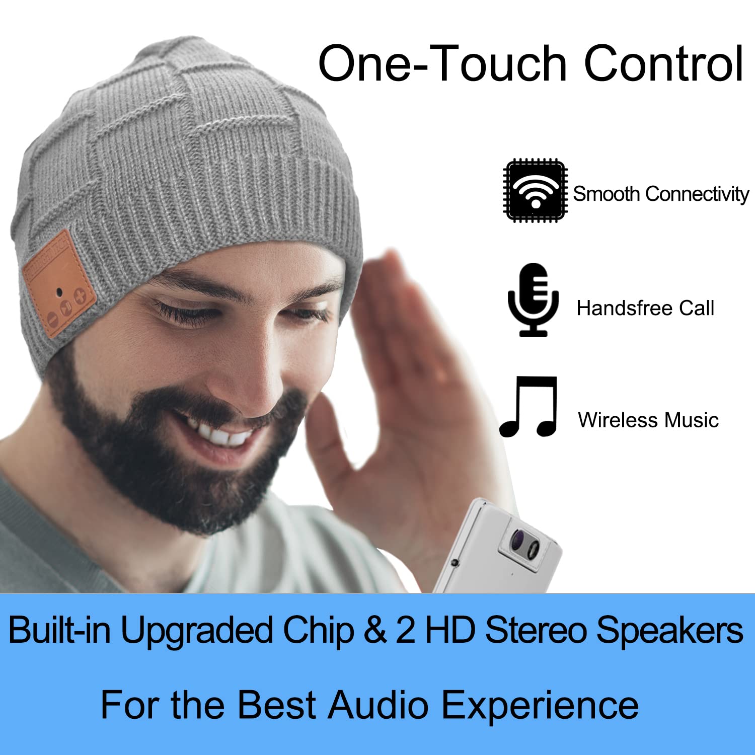 Bluetooth Beanie Headphones Hat Unique Tech Gifts Stocking Stuffer Light Gray