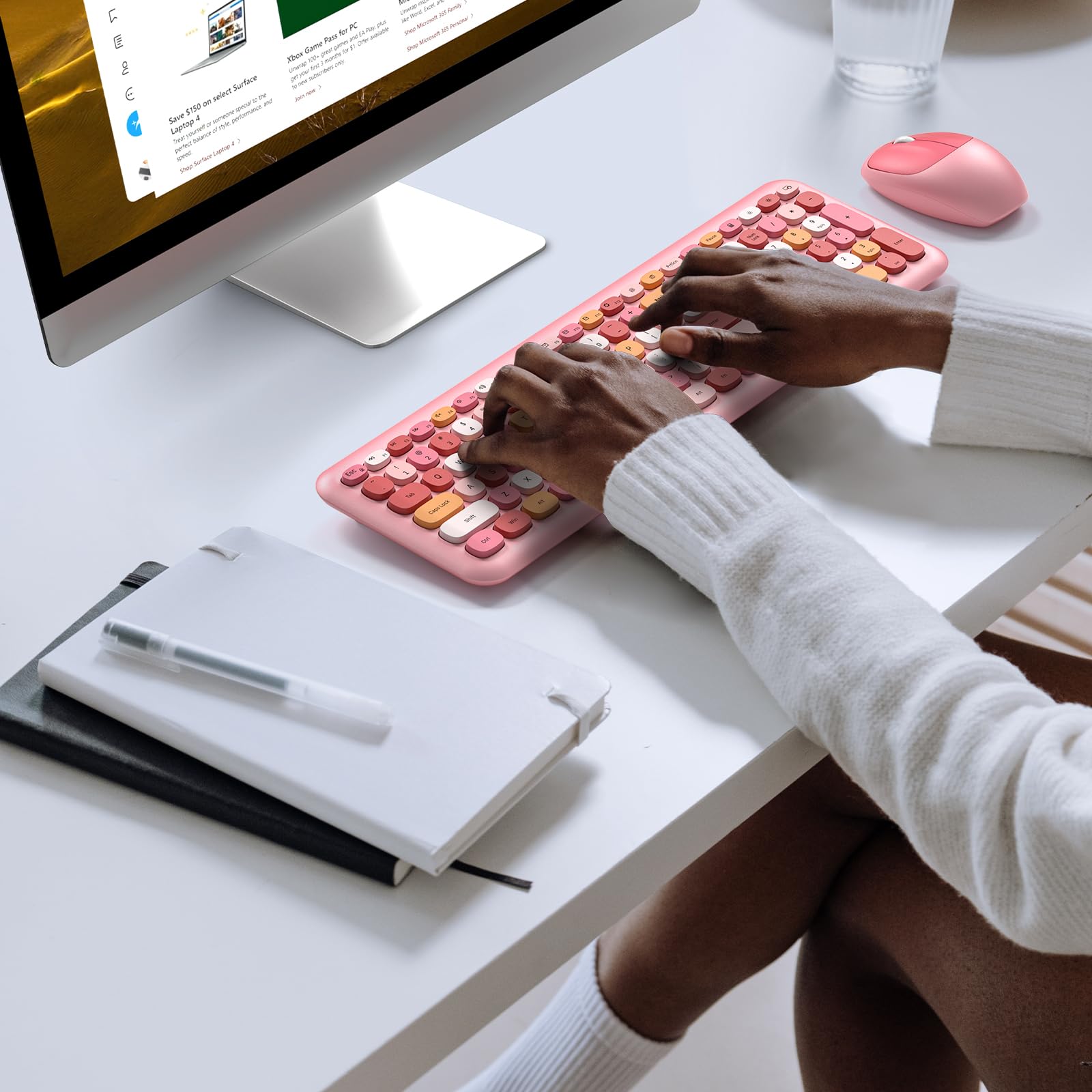 Knowsqt Wireless Keyboard And Mouse Combo, Pale Pink Full Sized 2.4G Silent Keycap Colorful Keyboards, Usb Dongle Plug Play, Lap