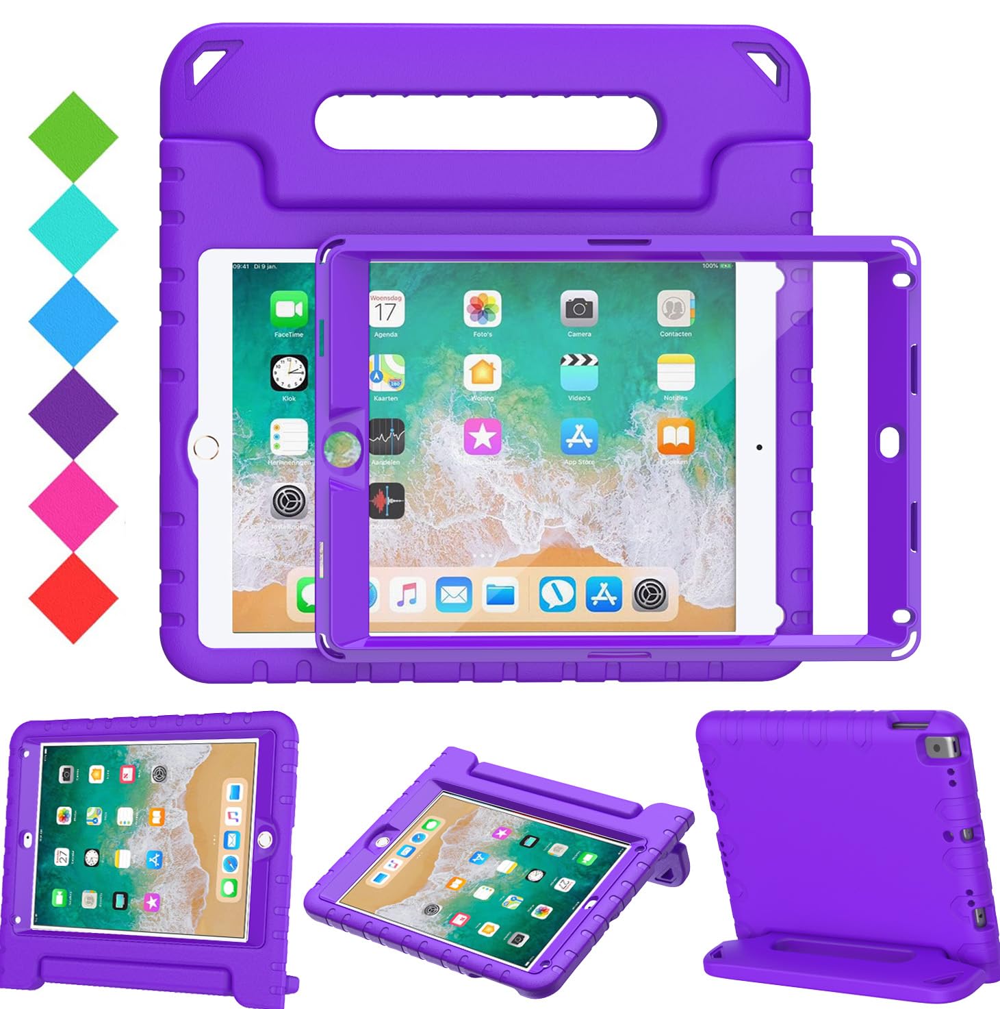 Bmouo Portable Electronic Device Cover For Ipad 9.7 Inch 2018/2017, Ipad Air 2   Purple, Shockproof Kids Case Cover With Handle 