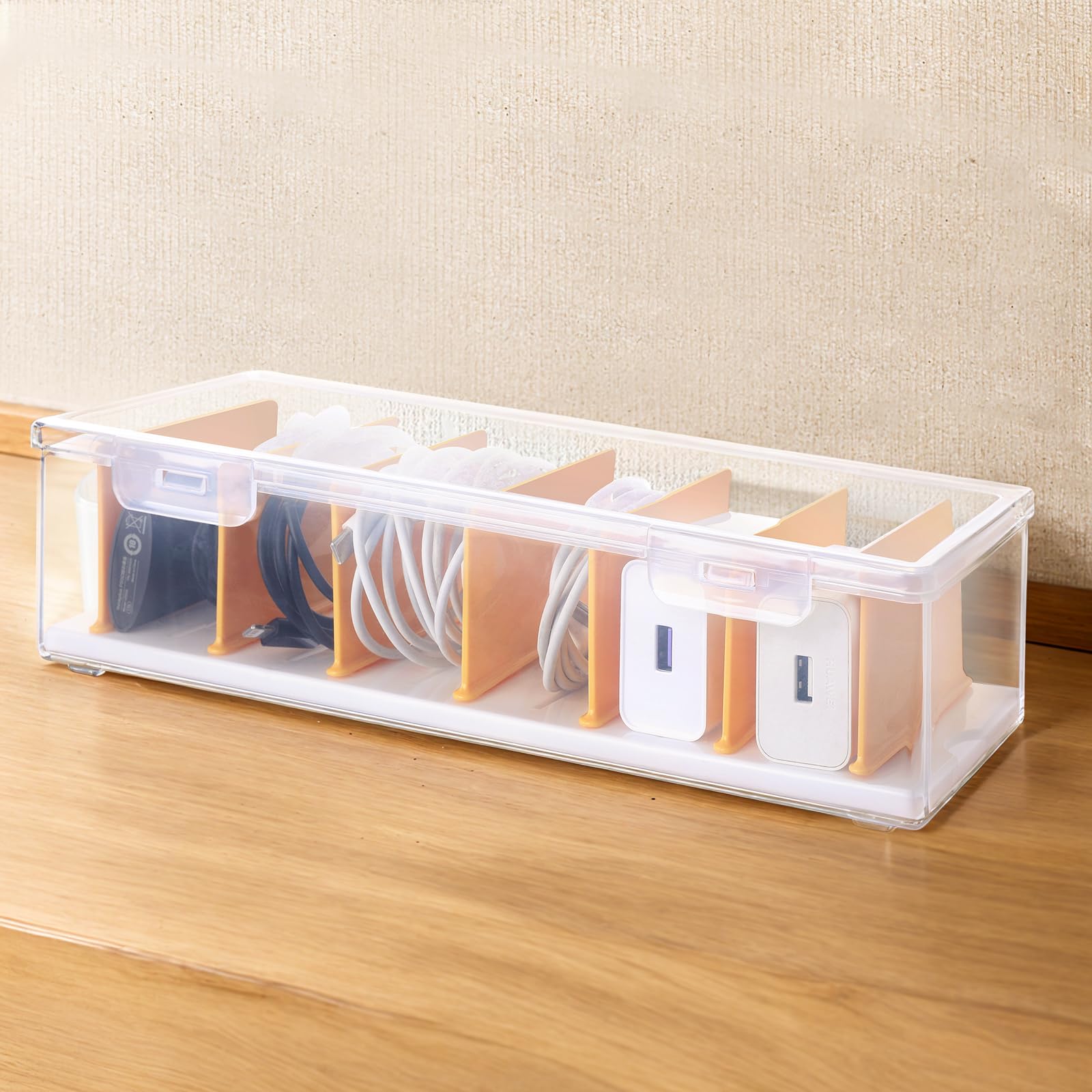 Pavstine Clear Cable Organizer Box With Lid, Plastic Charger Cable Cord Storage Organizer, Office Desk Organizers, Multifunction