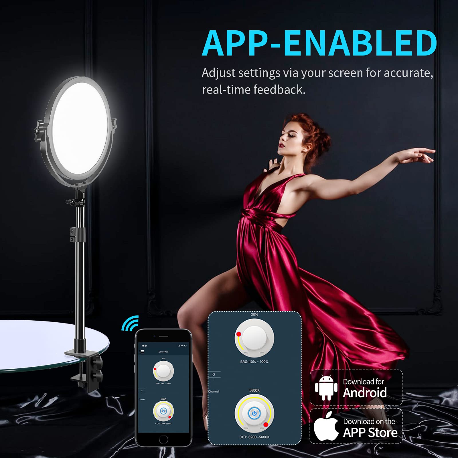 Gvm Desk Mount Led Video Light, 10'' Round Key Light With Built In Diffuser And Lcd Display, Bi Color Professional Light For Gam