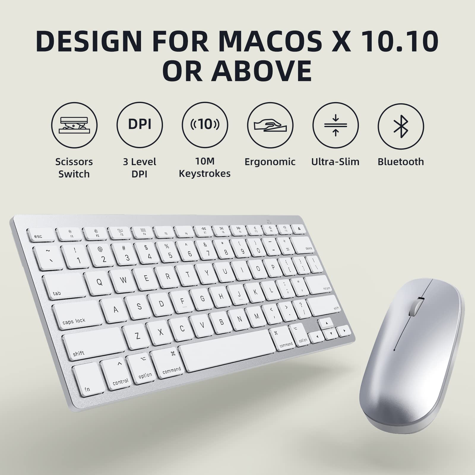 Bluetooth Keyboard And Mouse For Mac, Omoton Ultra Slim Keyboard And Mouse Combo, Wireless Keyboard And Mouse For Macos, Macbook Pro/Air, Imac, Mac Mini, Laptop And Pc (Silver)