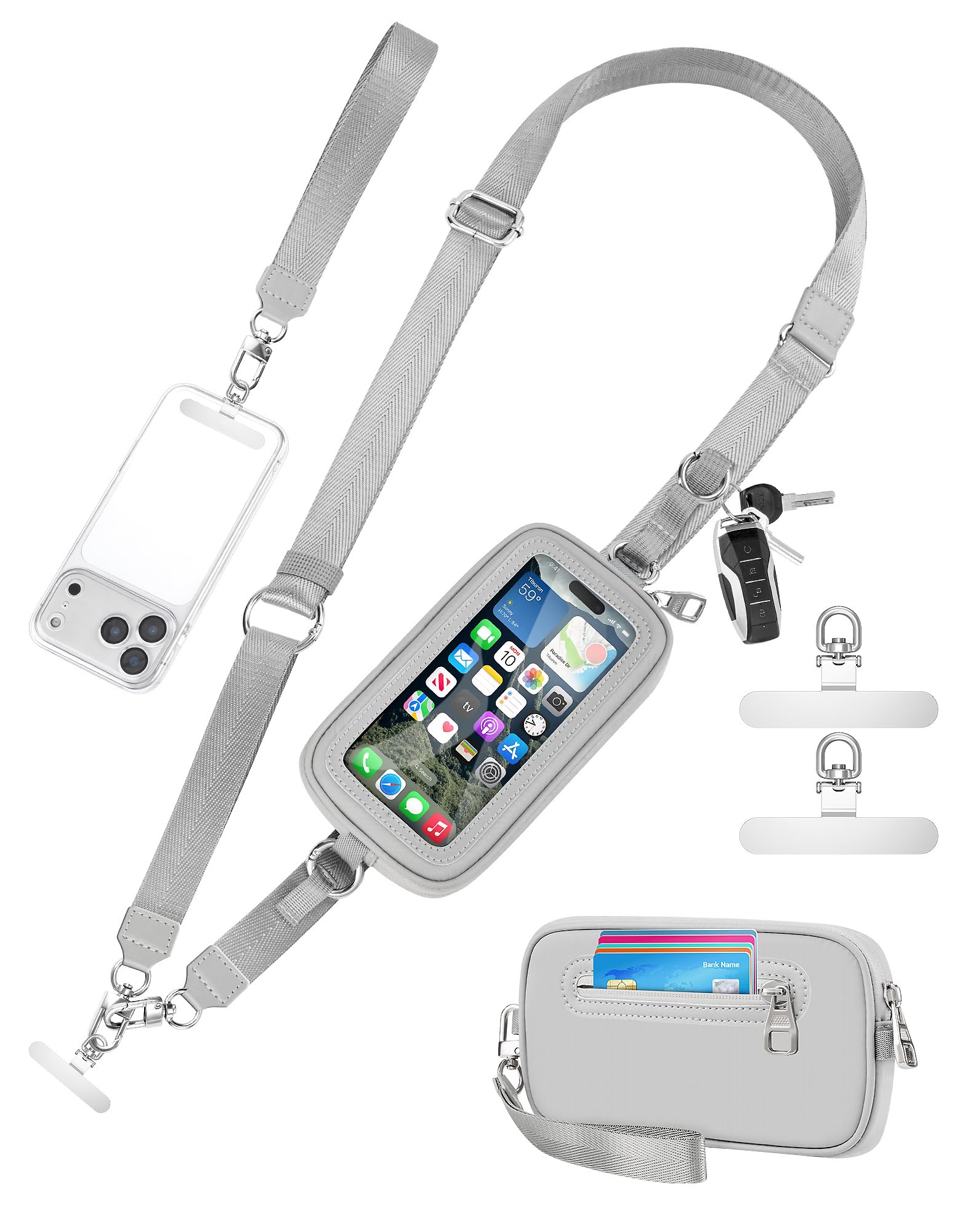 SHANSHUI Clip and Go Strap for Phone with Wallet Crossbody Lanyard, Detachable Wristlet Strap with Zipper ID Window Credit Card 