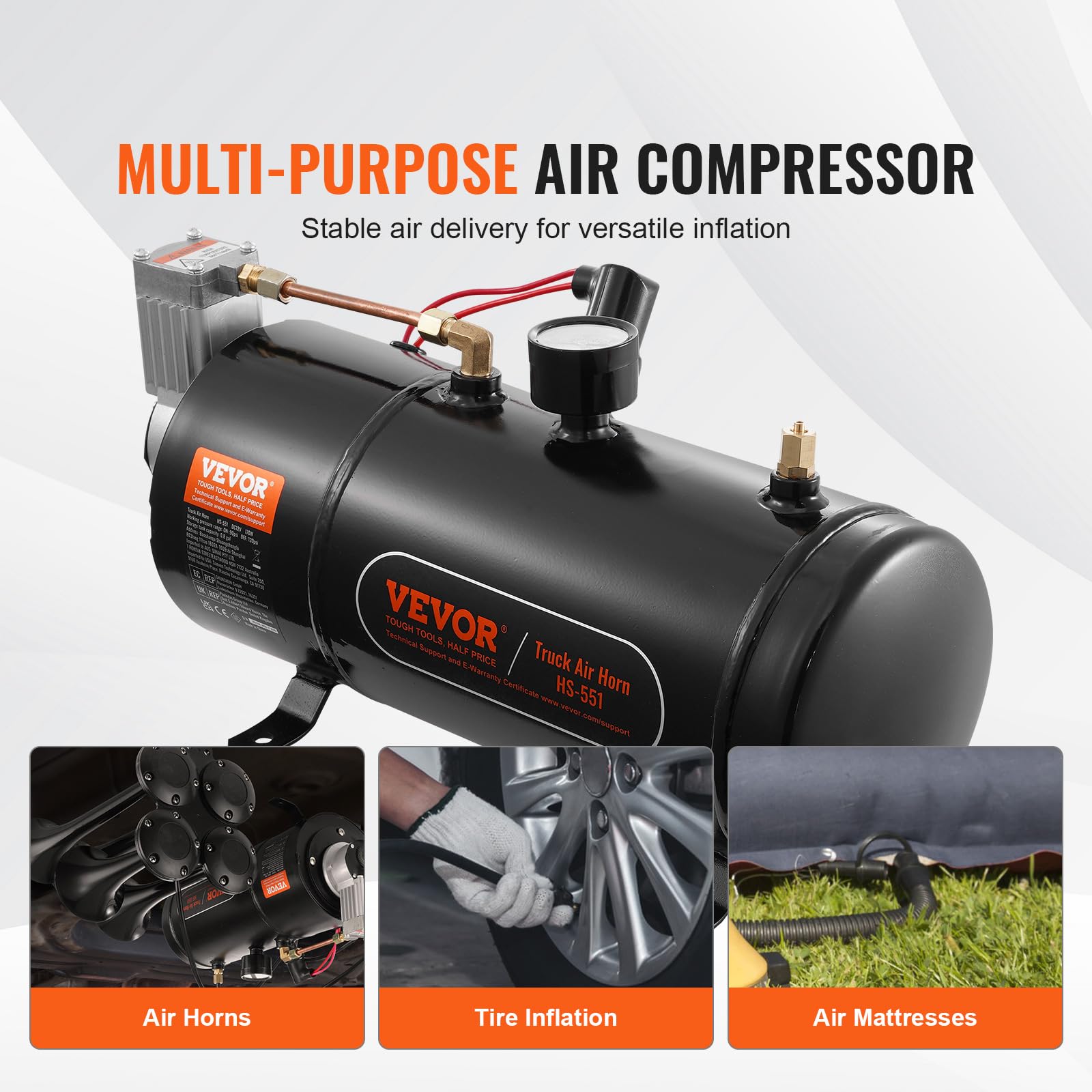 Vevor 12V Air Compressor With Tank 0.8 Gallon/3 L, Train Horn Air Compressor, 120 Psi Working Pressure Onboard Air Compressor Sy