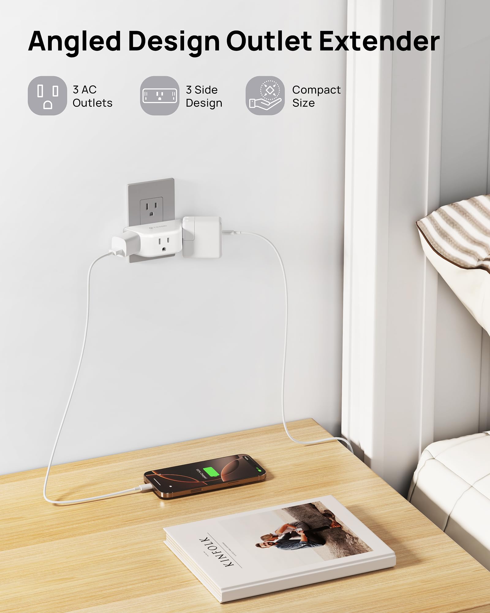 Trond Outlet Extender, 3 Prong Grounded Wall Plug Splitter, 3 Way Angled Outlet Adapter, Cruise Ship Essentials, Plug Expander W