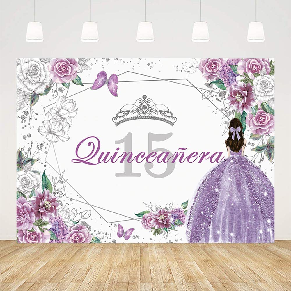Sendy 7X5Ft Quinceanera 15Th Birthday Backdrop For Sweet Girl Mis Quince Anos 15Th Party Decorations Purple Silver Glitter Flora