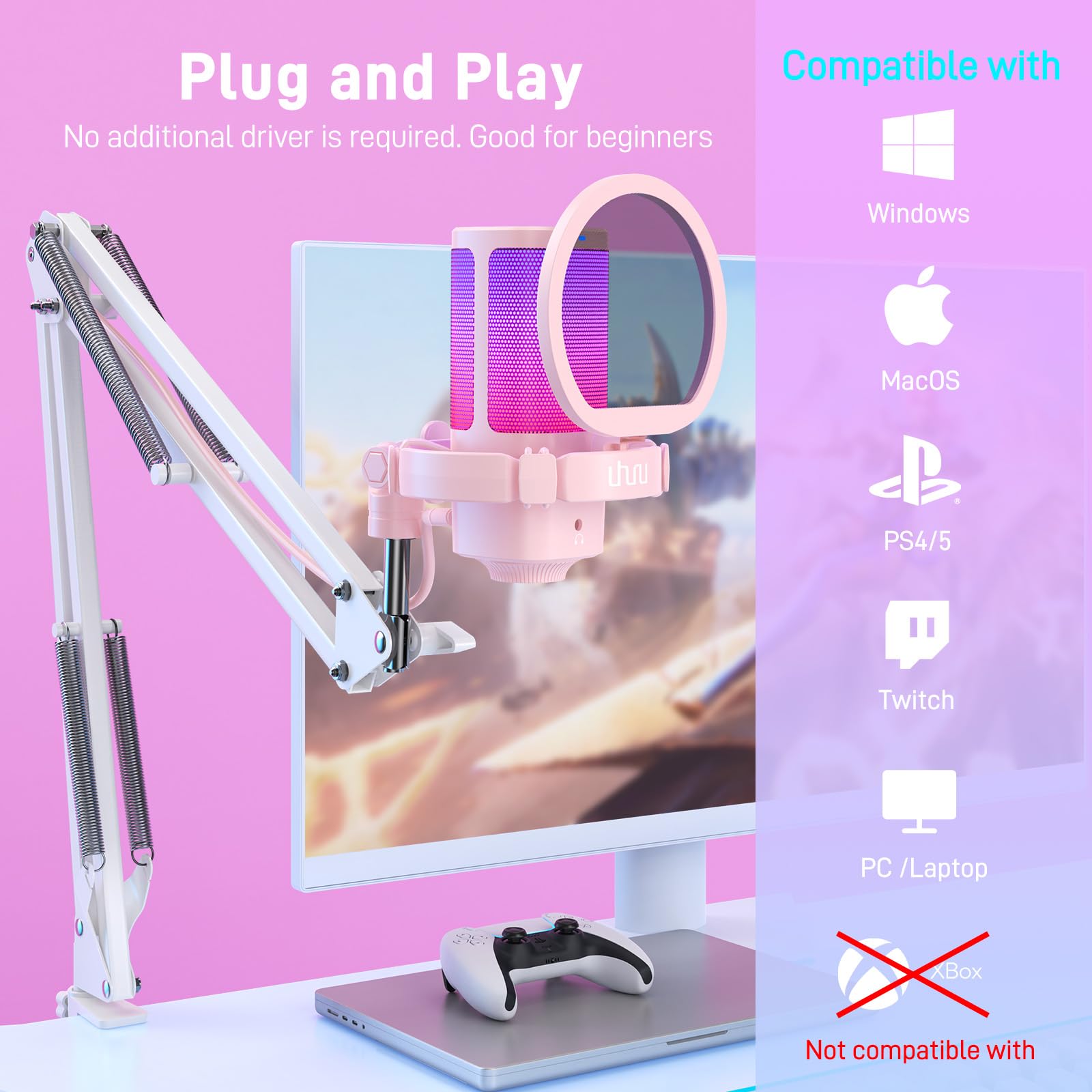 Uhuru Gaming Usb Microphone For Pc: Streaming Computer Mic With Noise Cancellation   Condenser Mic With Controllable Rgb For Gam