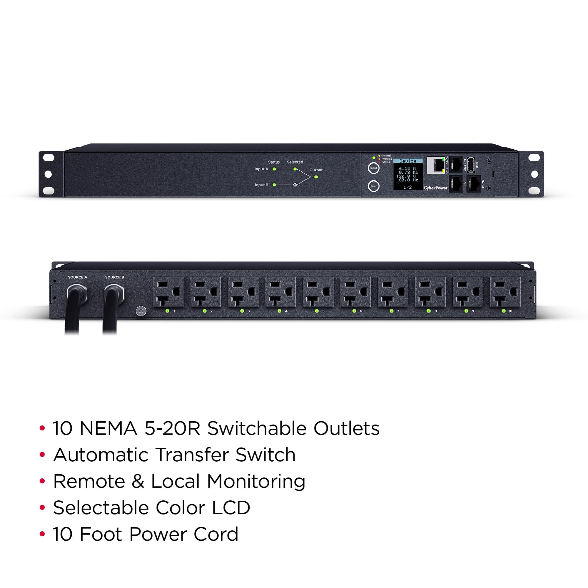 Cyberpower Pdu44002 Switched Ats Pdu, 100 120V, 20A (Derated To 16A), 10 Outlets, 1U Rackmount