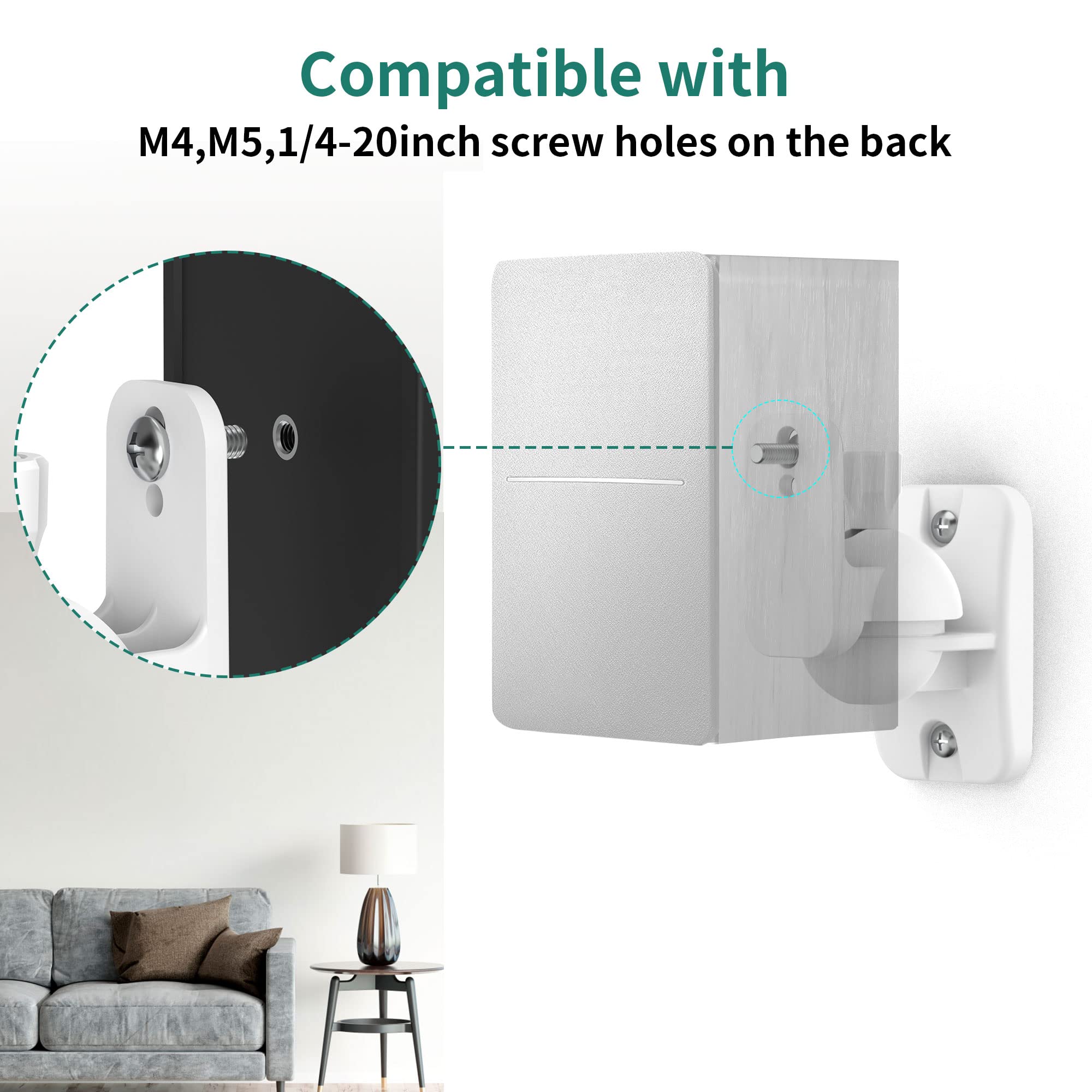 Homemount Speaker Wall Mount Brackets - Surround & Bookshelf Speaker Wall Mounts Kit, Holds Up To 8 Lbs, 2 Pack, White