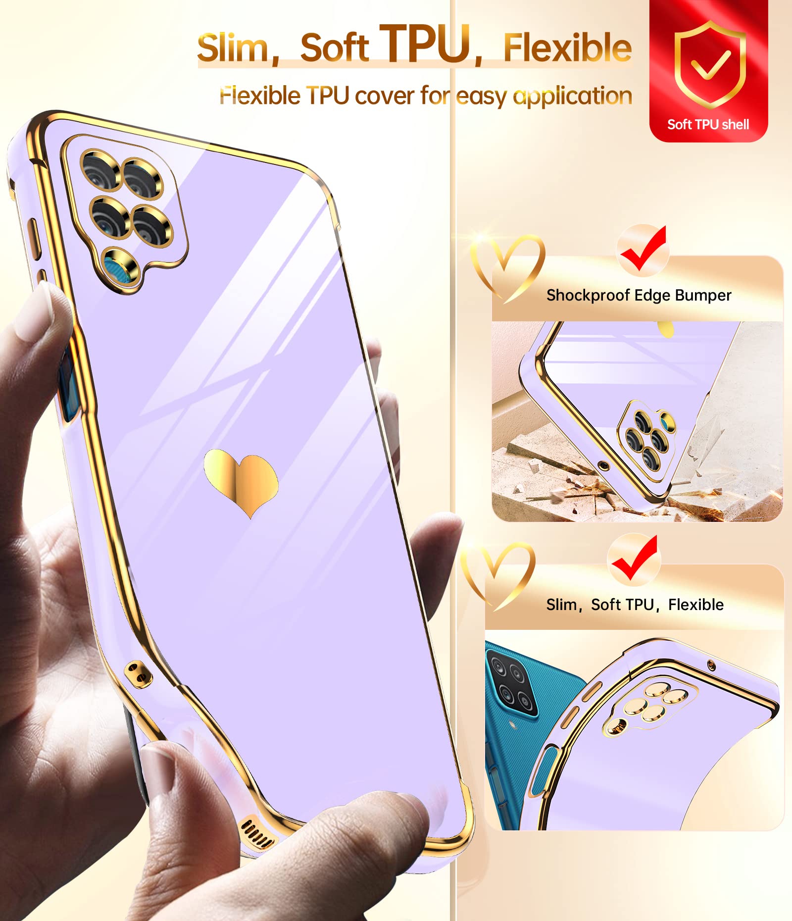 LeYi Samsung Galaxy A12 Phone Case Love Heart Plated Silicone Shockproof Full Camera Protection Purple