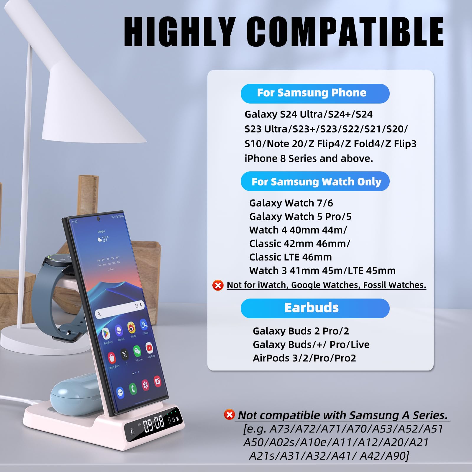 Wireless Charger For Samsung Charging Station, 3 In 1 Android Phone Wireless Charger For Samsung Galaxy S24 Ultra/S23 Ultra/Z Fl