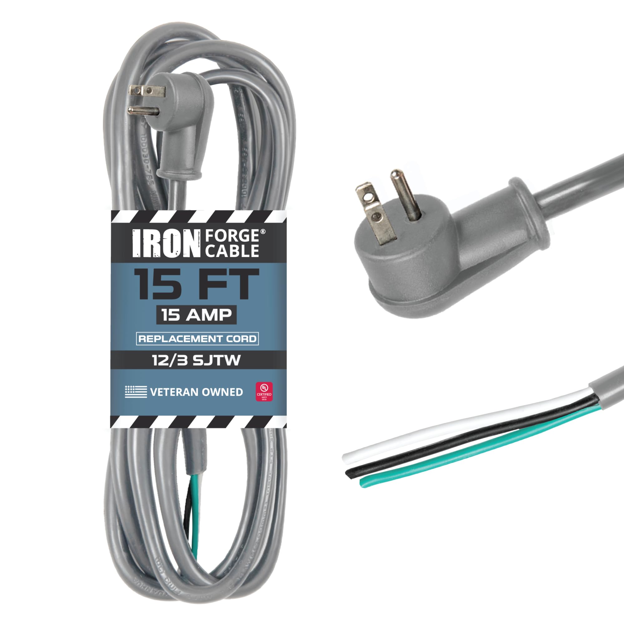 Iron Forge Cable Flat Plug Replacement Power Cable With Open End   12/3 15 Ft Gray Appliance Extension Cord 15 Amp, 12 Awg Power