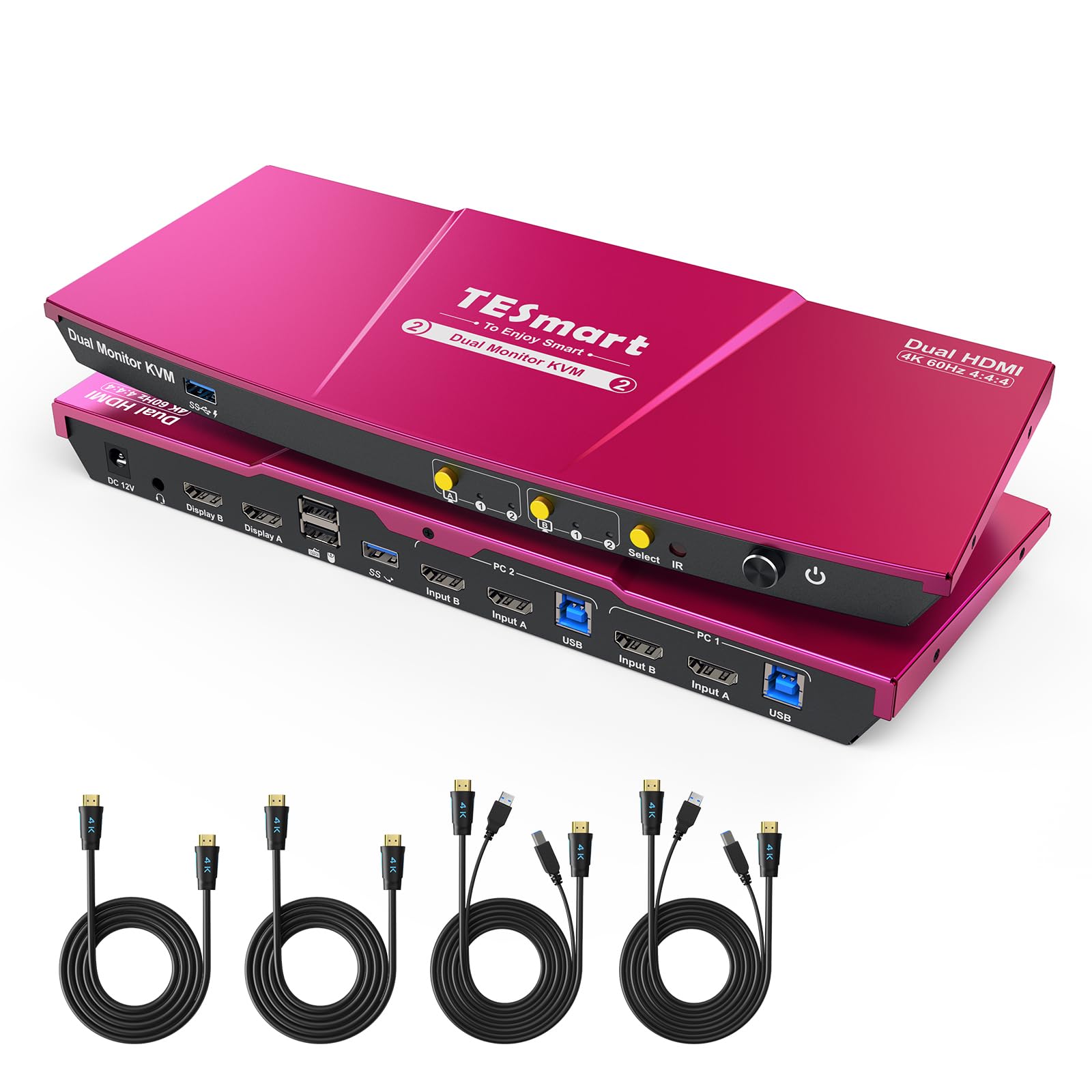 Tesmart Usb 3.0 Hdmi Kvm Switch 2 Monitors 2 Computers 4K@60Hz, Dual Monitor Kvm Switch Hdmi 2 Port Extended Display, Audio&Micr