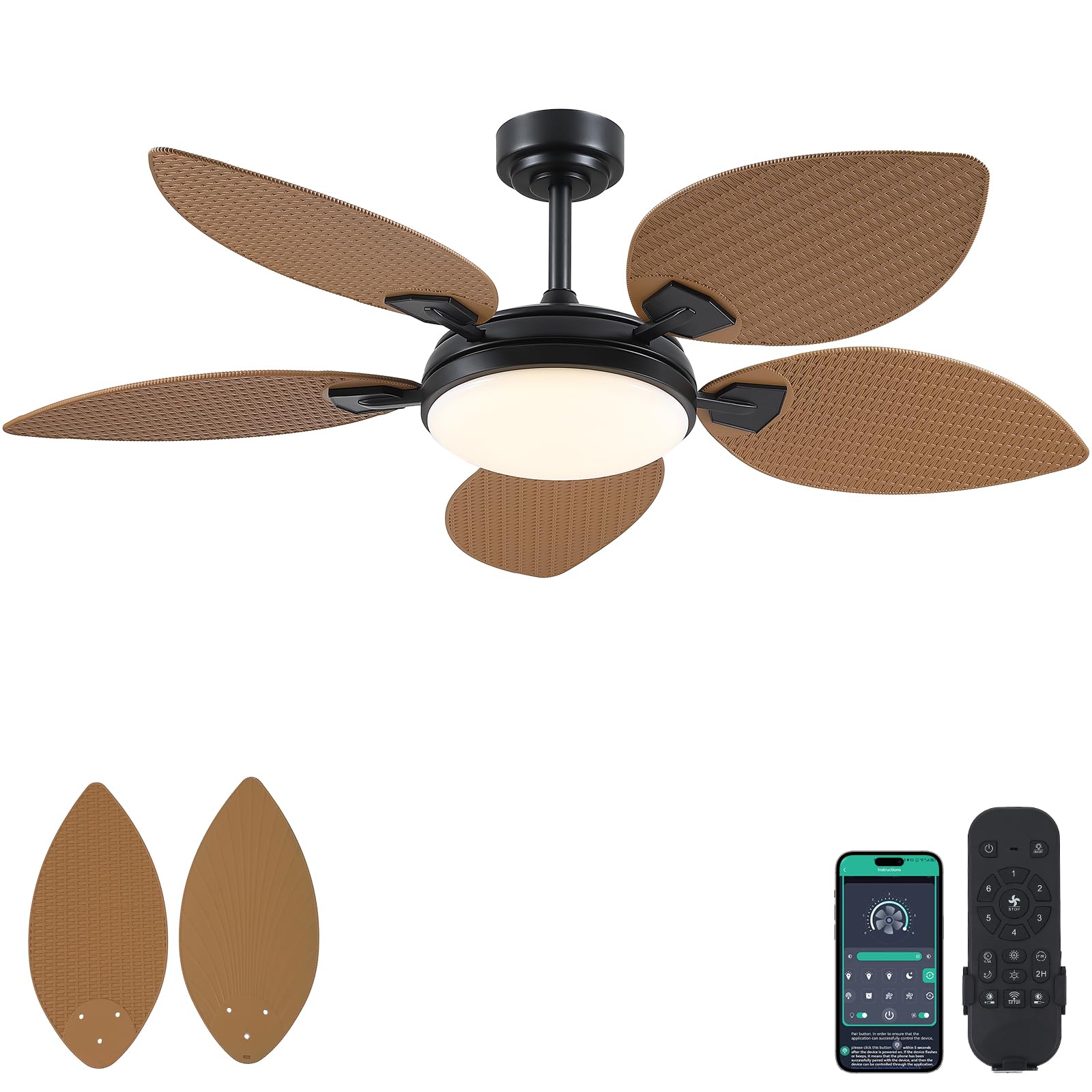 PHORUS 52 Palm Leaf Ceiling Fans with lights, Outdoor Tropical Island Ceiling Fans with Remote for Patios Living Room, Dimmable,