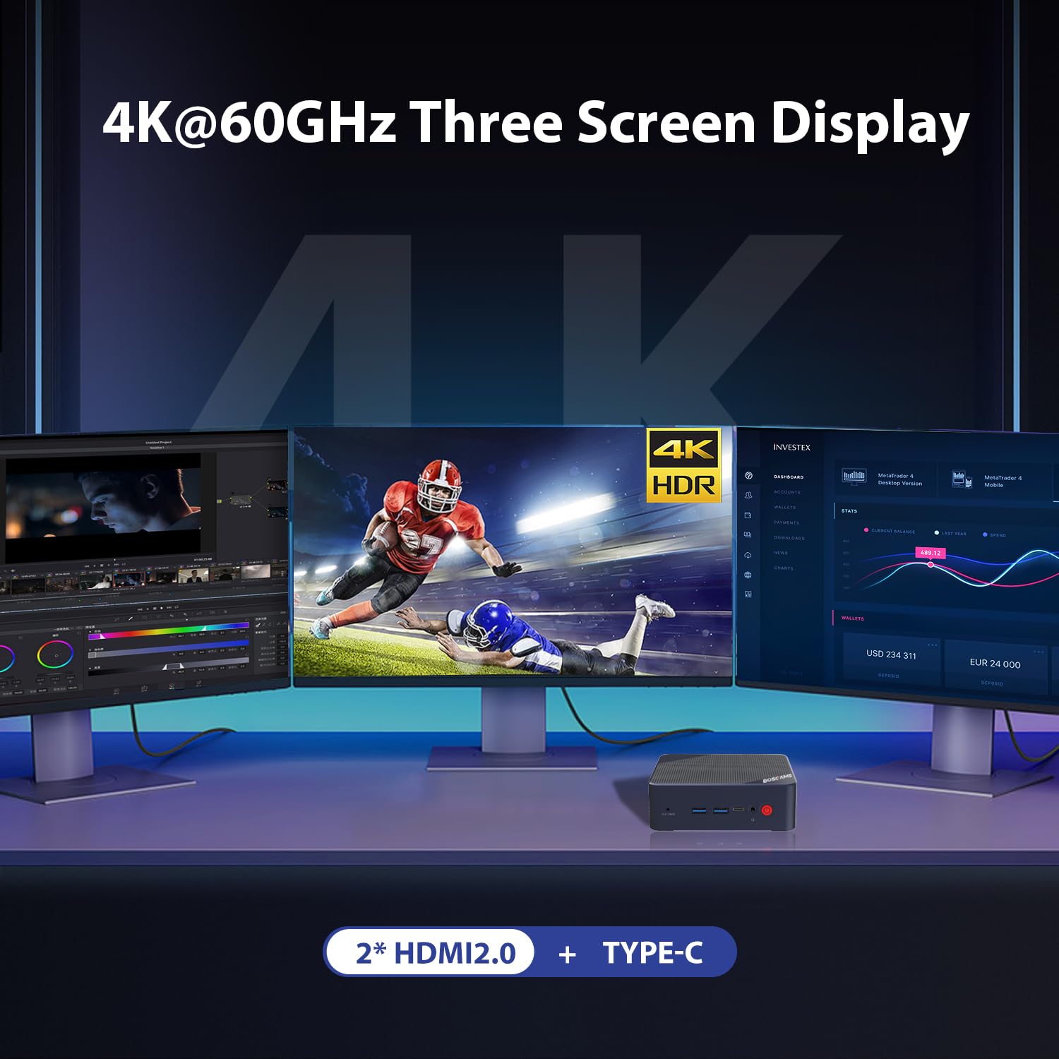 Bosgame Mini Pc N100 Intel 12Th Mini Computers Windows 11 Pro 16Gb Ddr4 Ram 512Gb Pcie X1 Ssd, 4K 60Hz Triple Displays By Dual H